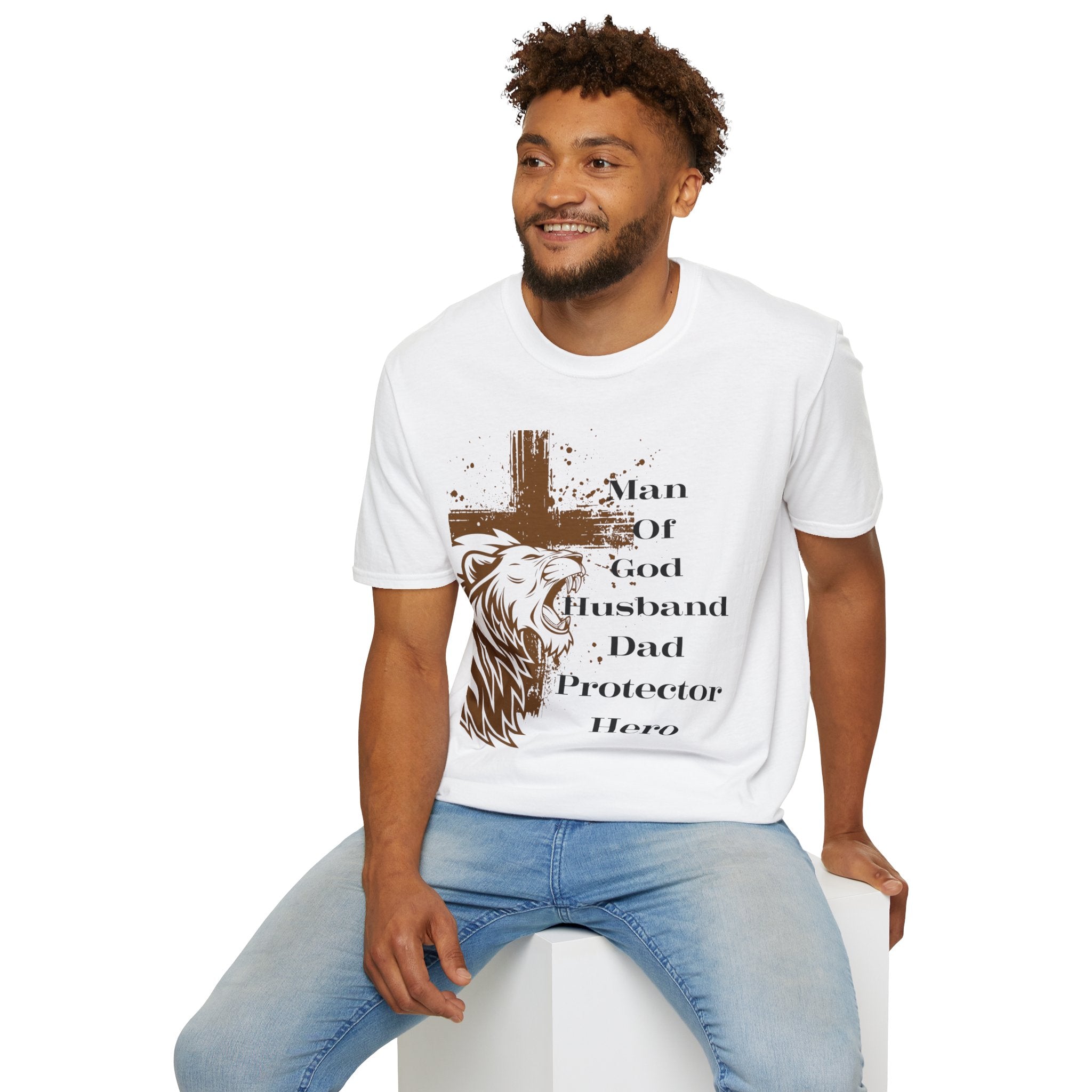 Man of God Lion Cross T-Shirt — 'Man Of God Husband Dad Protector Hero' Christian Tee