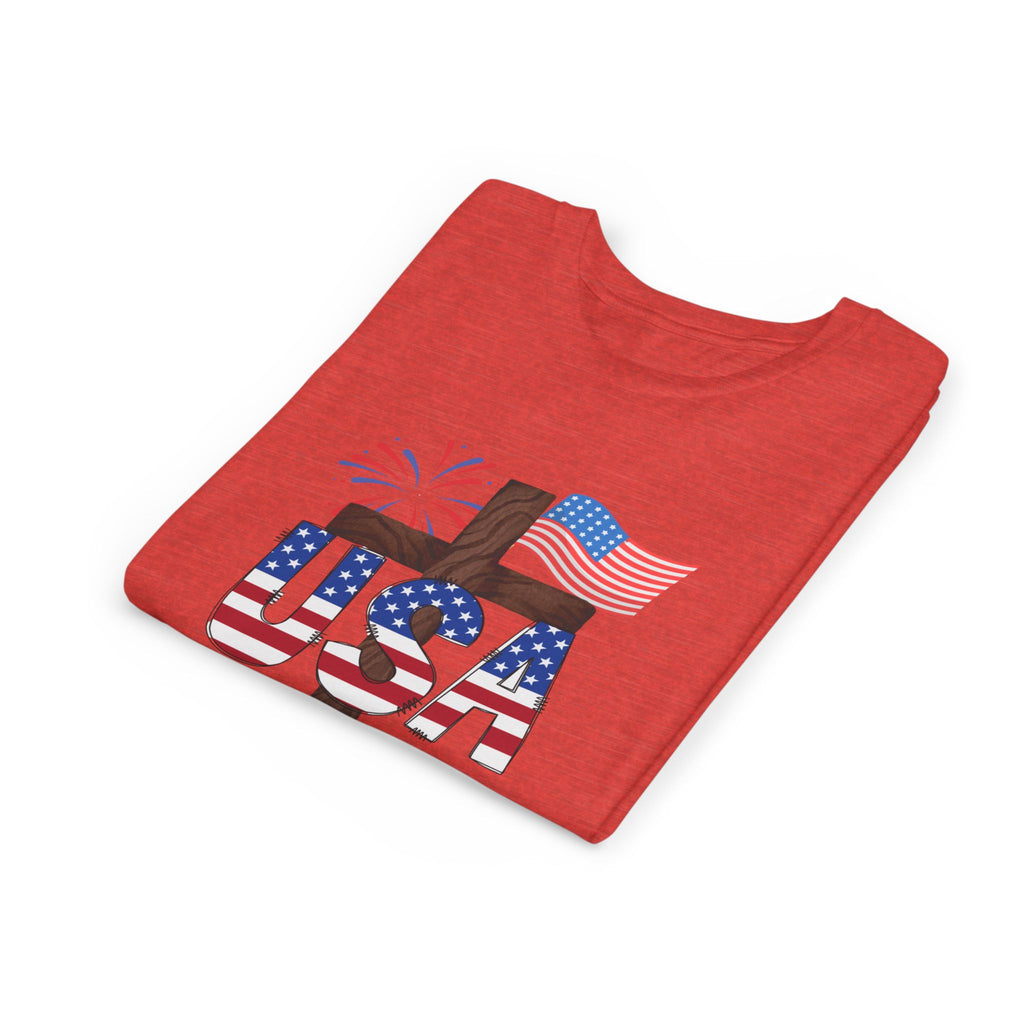 Youth Tee — USA Patriotic Cross Design with Flag & Fireworks