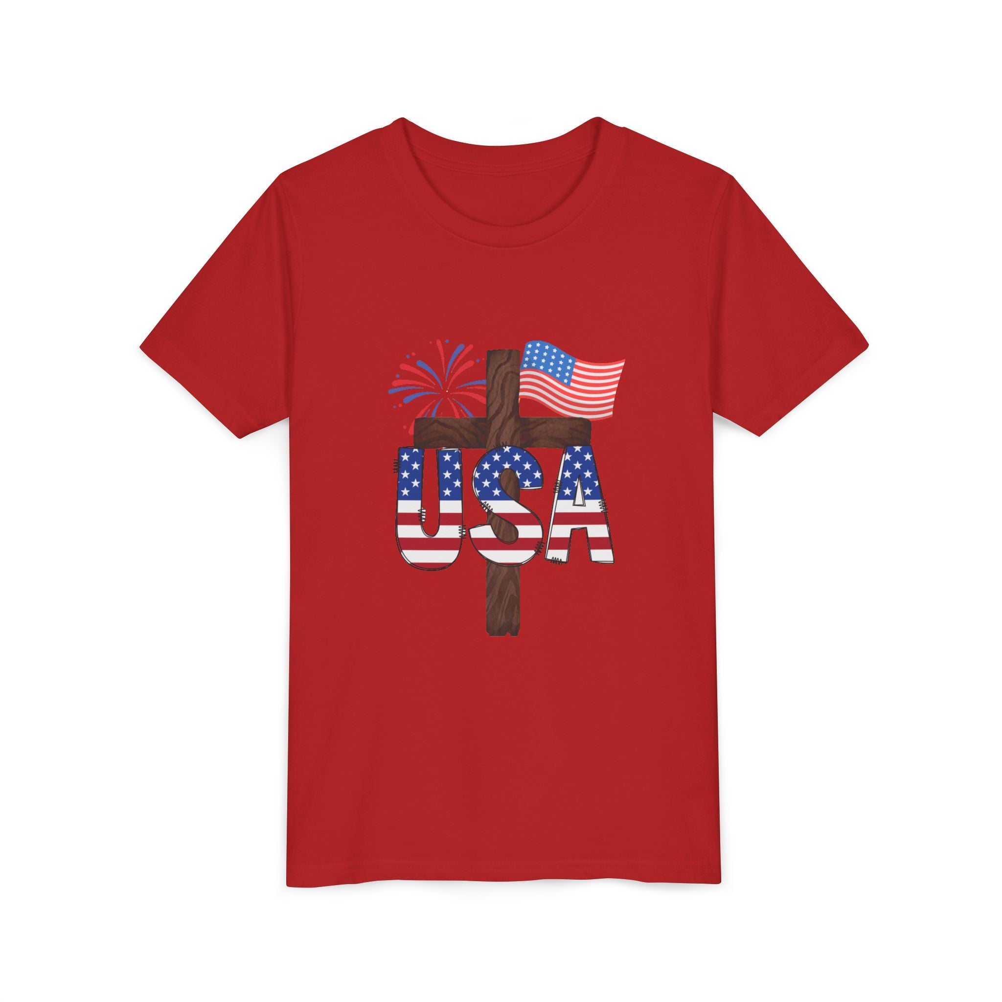 Youth Tee — USA Patriotic Cross Design with Flag & Fireworks