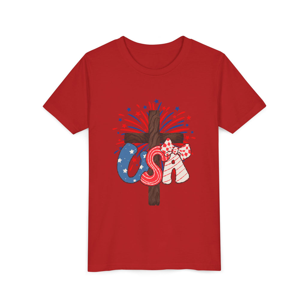 Youth Tee - Patriotic USA Cross with Fireworks and Stars