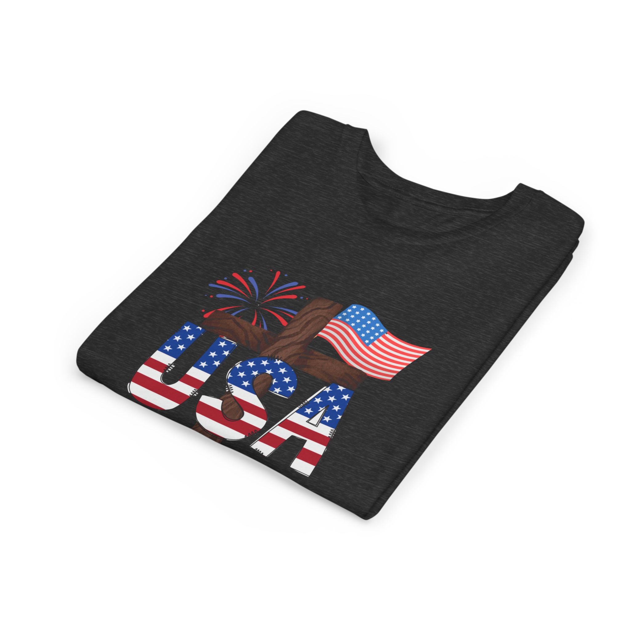 Youth Tee — USA Patriotic Cross Design with Flag & Fireworks