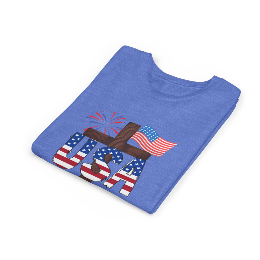 Youth Tee — USA Patriotic Cross Design with Flag & Fireworks