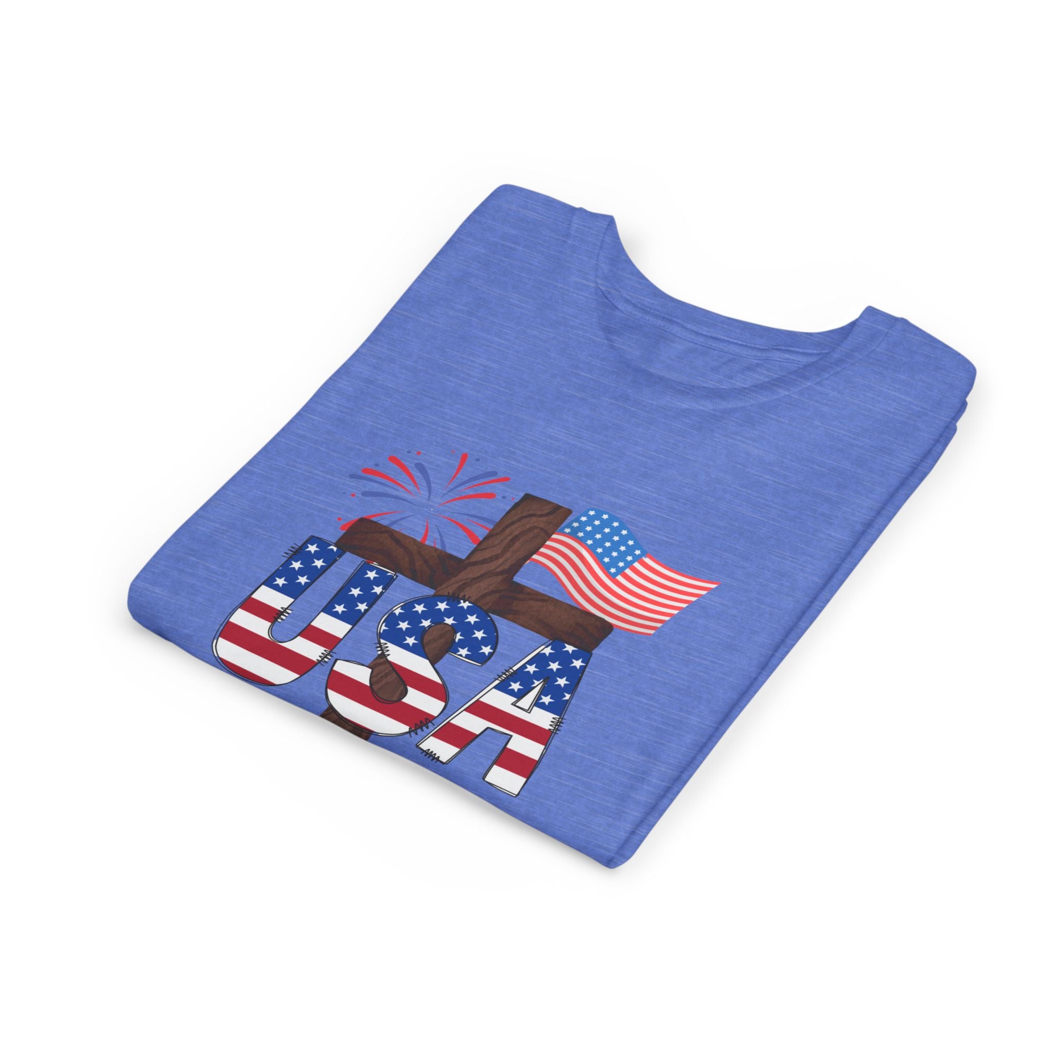 Youth Tee — USA Patriotic Cross Design with Flag & Fireworks