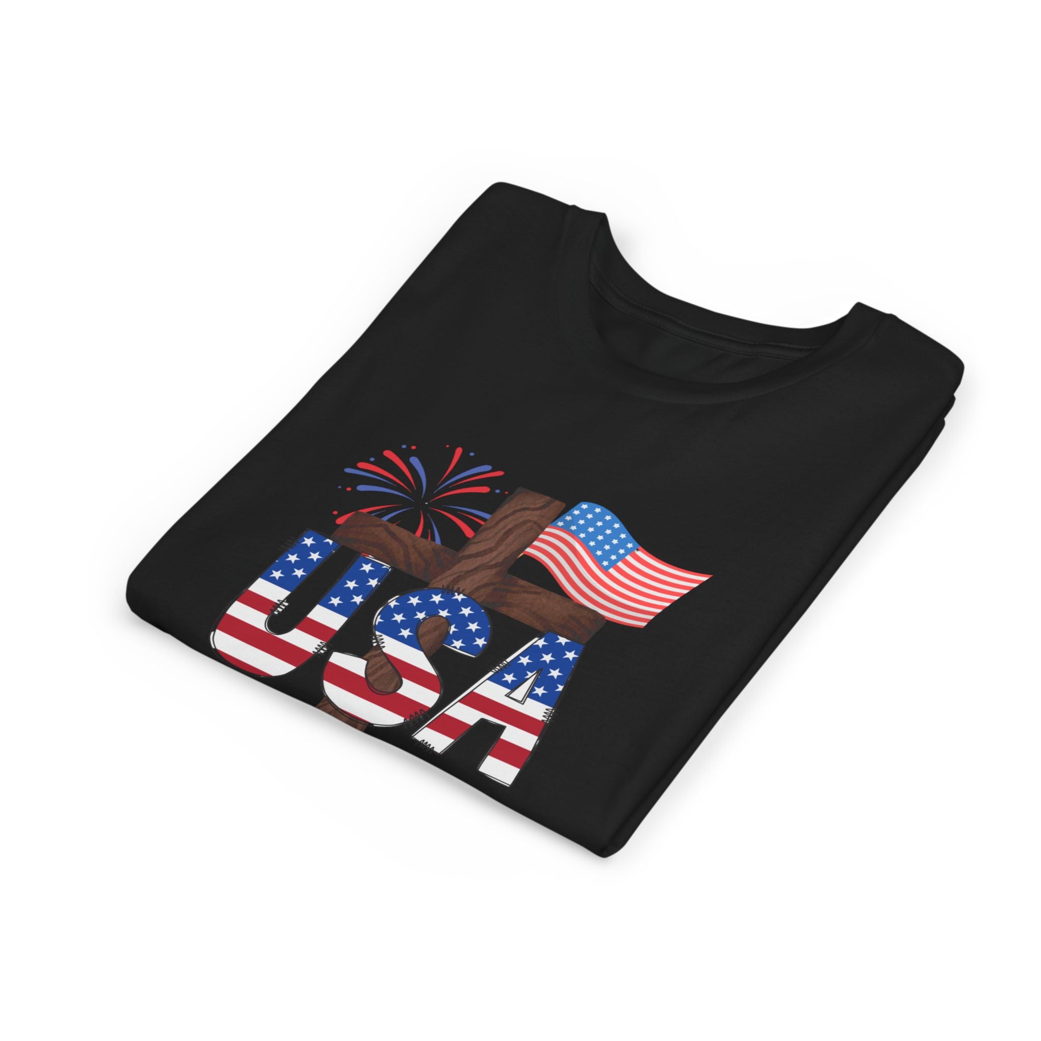 Youth Tee — USA Patriotic Cross Design with Flag & Fireworks