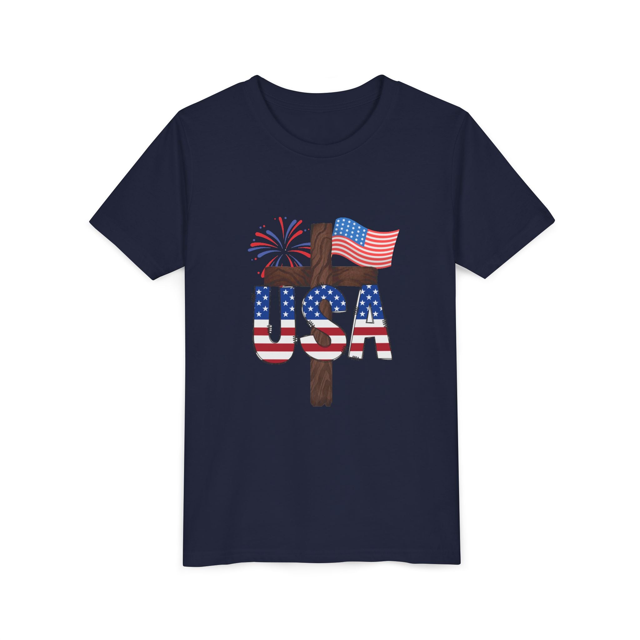 Youth Tee — USA Patriotic Cross Design with Flag & Fireworks