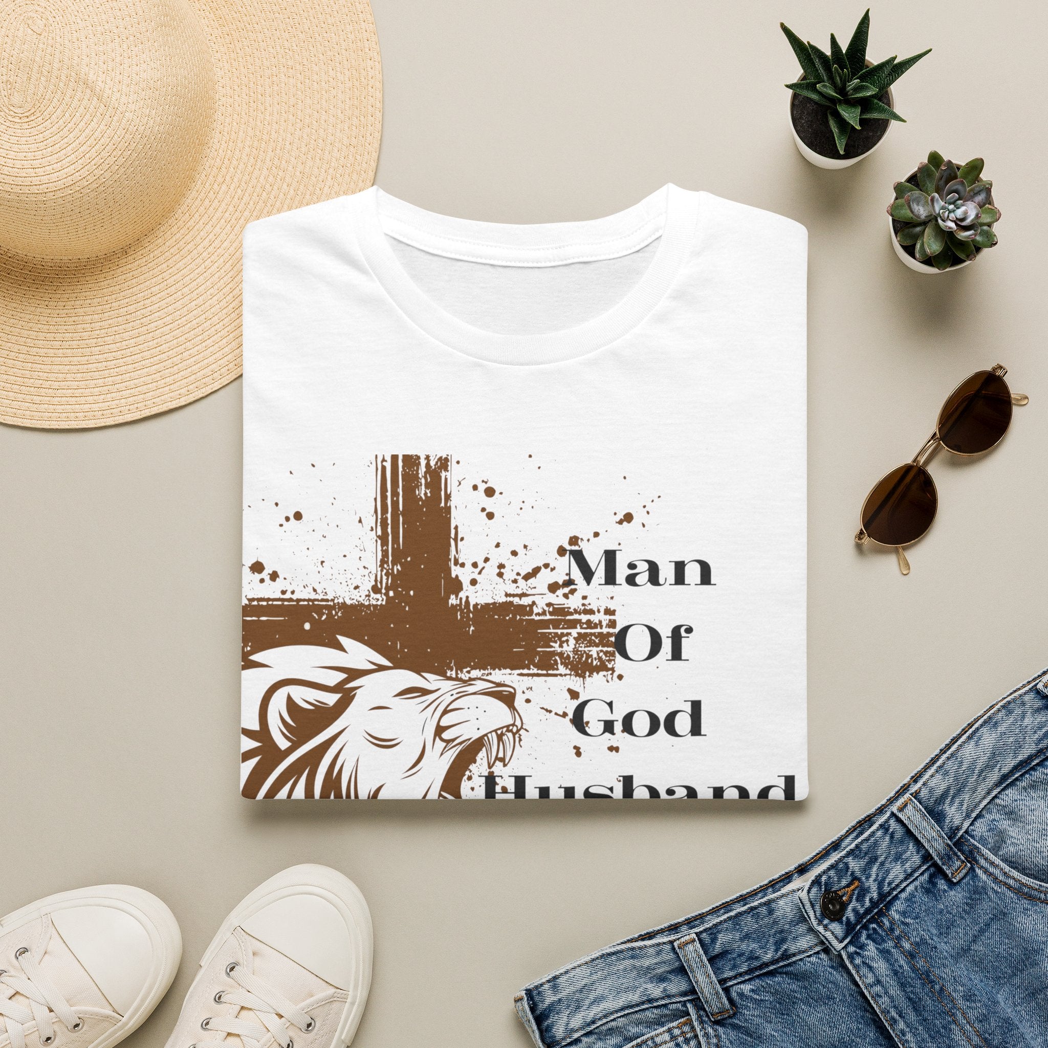 Man of God Lion Cross T-Shirt — 'Man Of God Husband Dad Protector Hero' Christian Tee