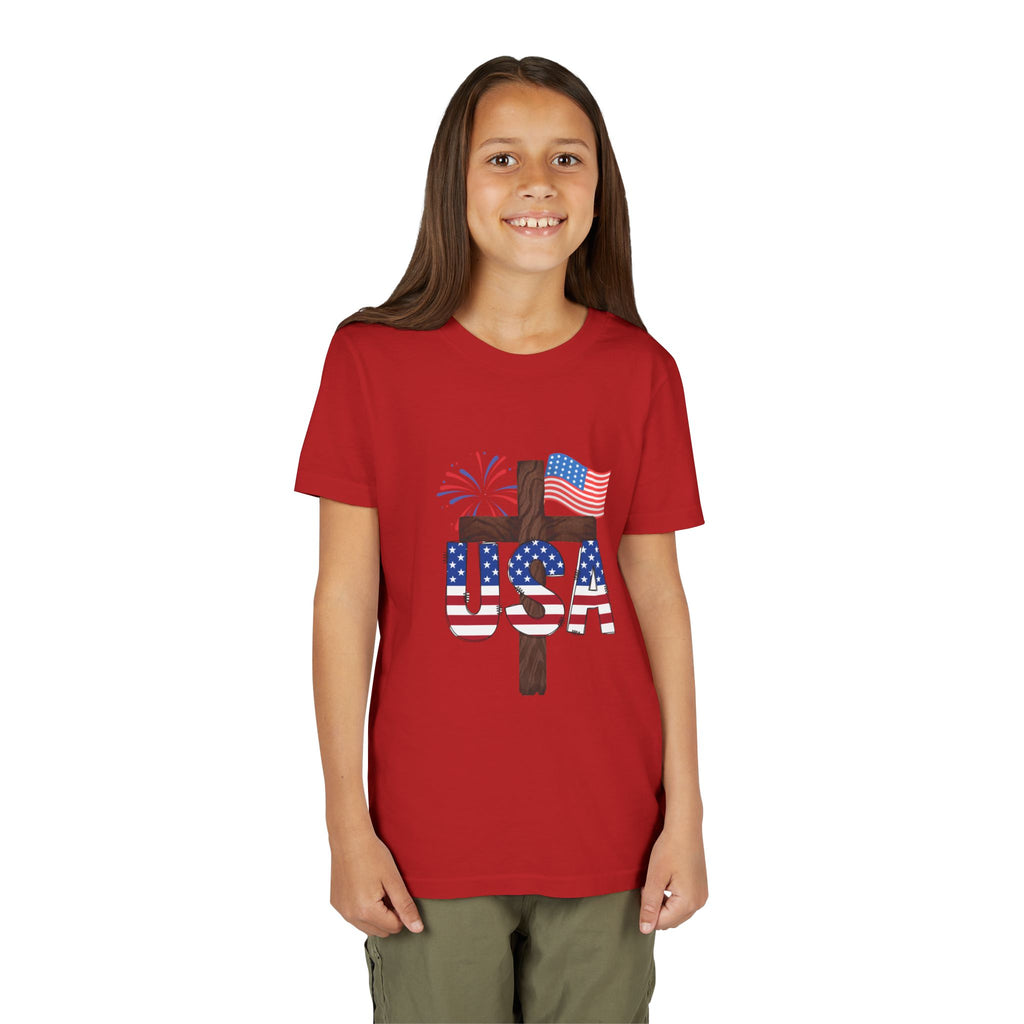 Youth Tee — USA Patriotic Cross Design with Flag & Fireworks