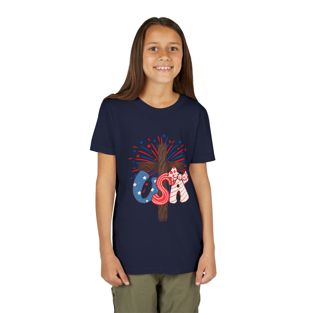 Youth Tee - Patriotic USA Cross with Fireworks and Stars
