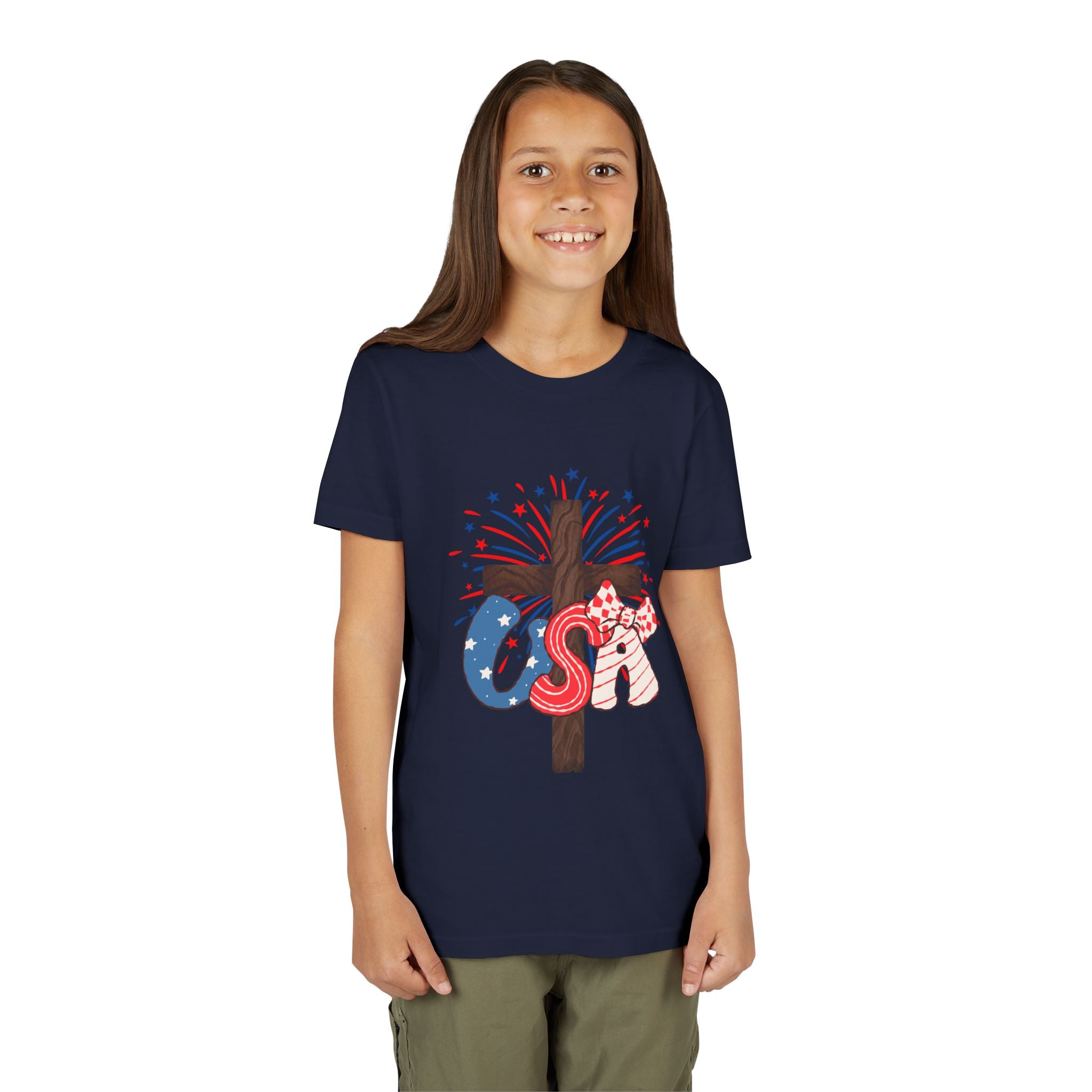 Youth Tee - Patriotic USA Cross with Fireworks and Stars