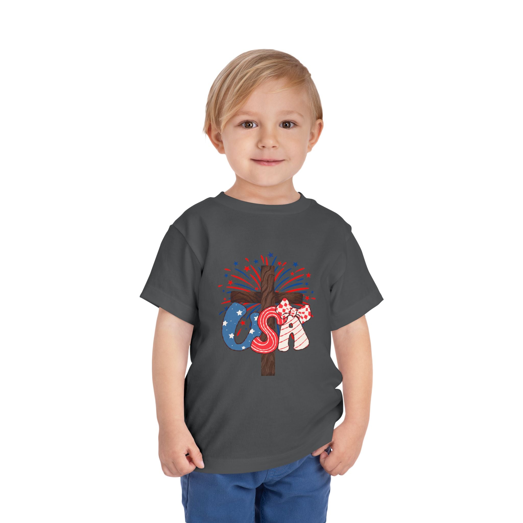 Toddler Tee - Patriotic Jesus Cross Fourth of July Kids Shirt