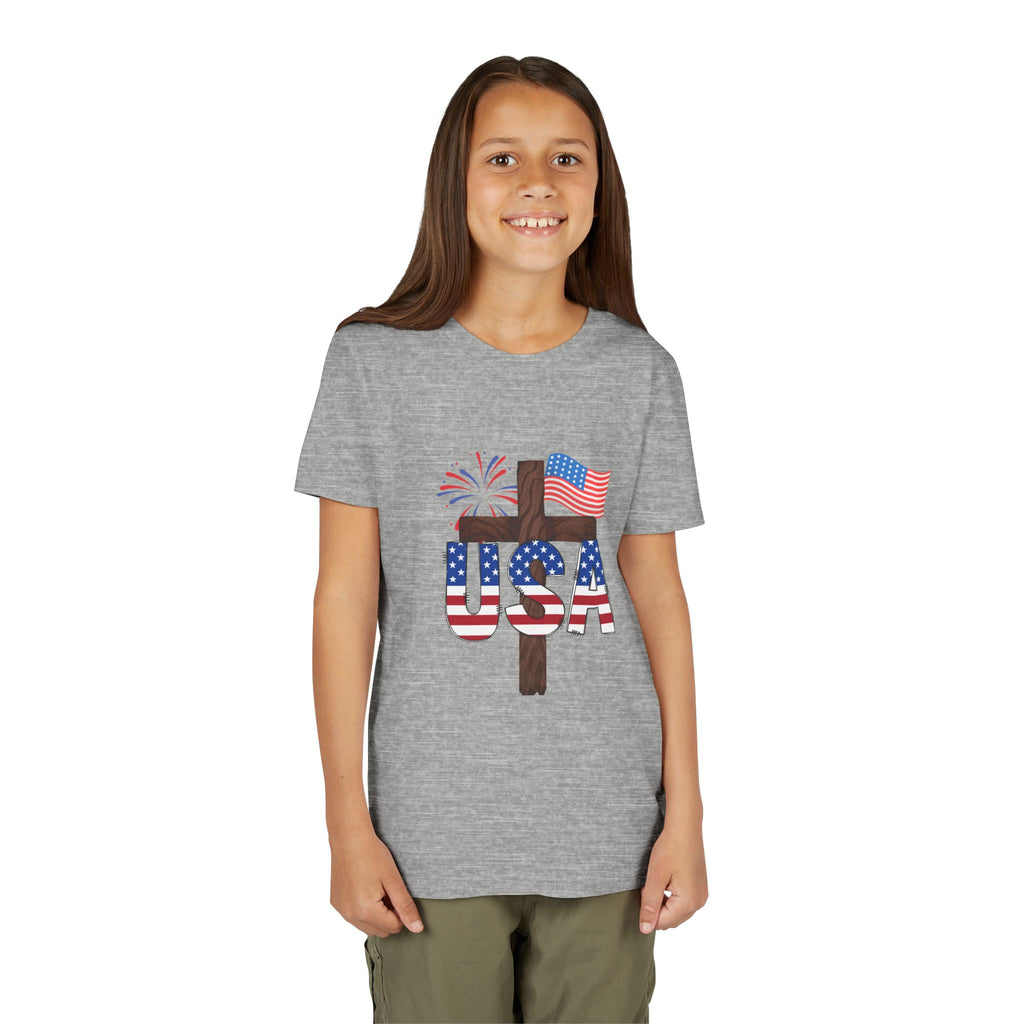 Youth Tee — USA Patriotic Cross Design with Flag & Fireworks
