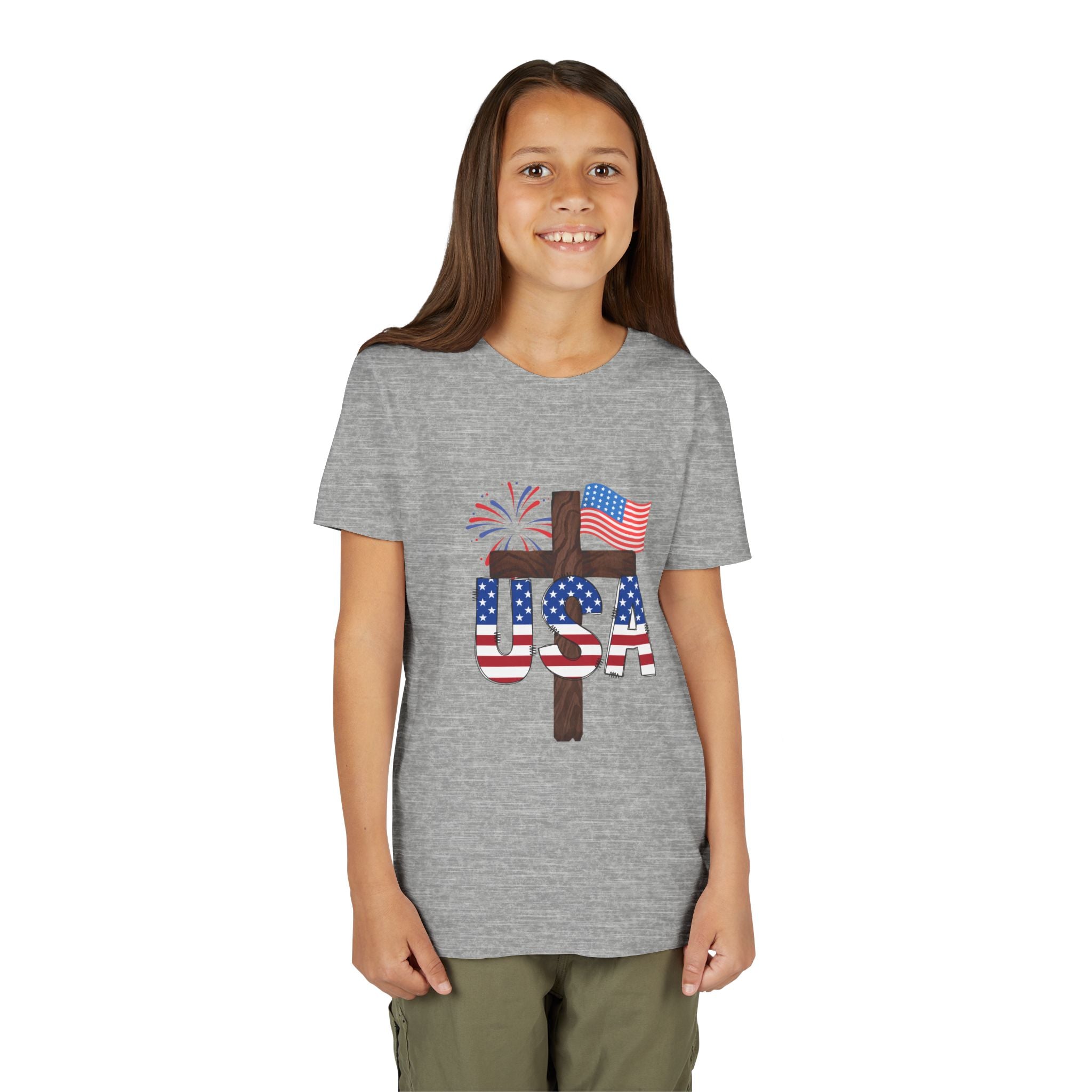 Youth Tee — USA Patriotic Cross Design with Flag & Fireworks