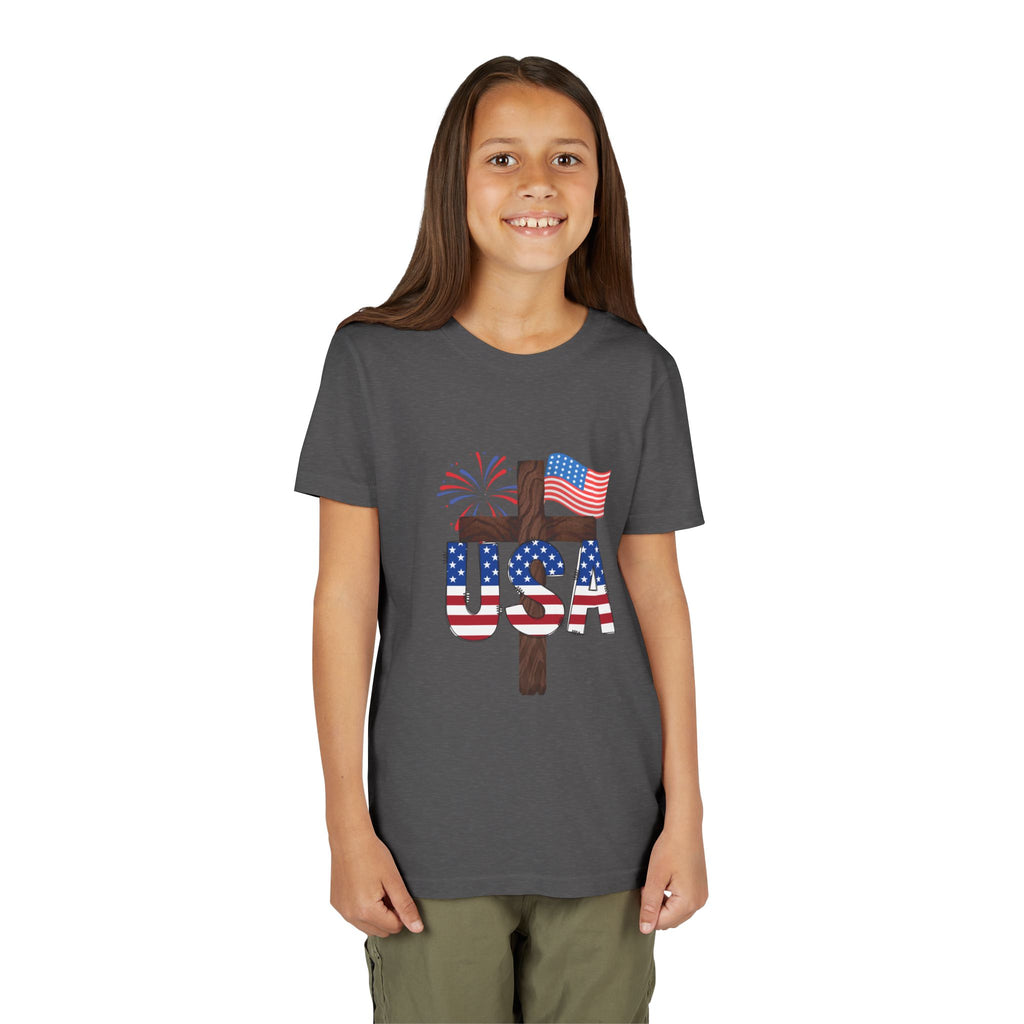 Youth Tee — USA Patriotic Cross Design with Flag & Fireworks