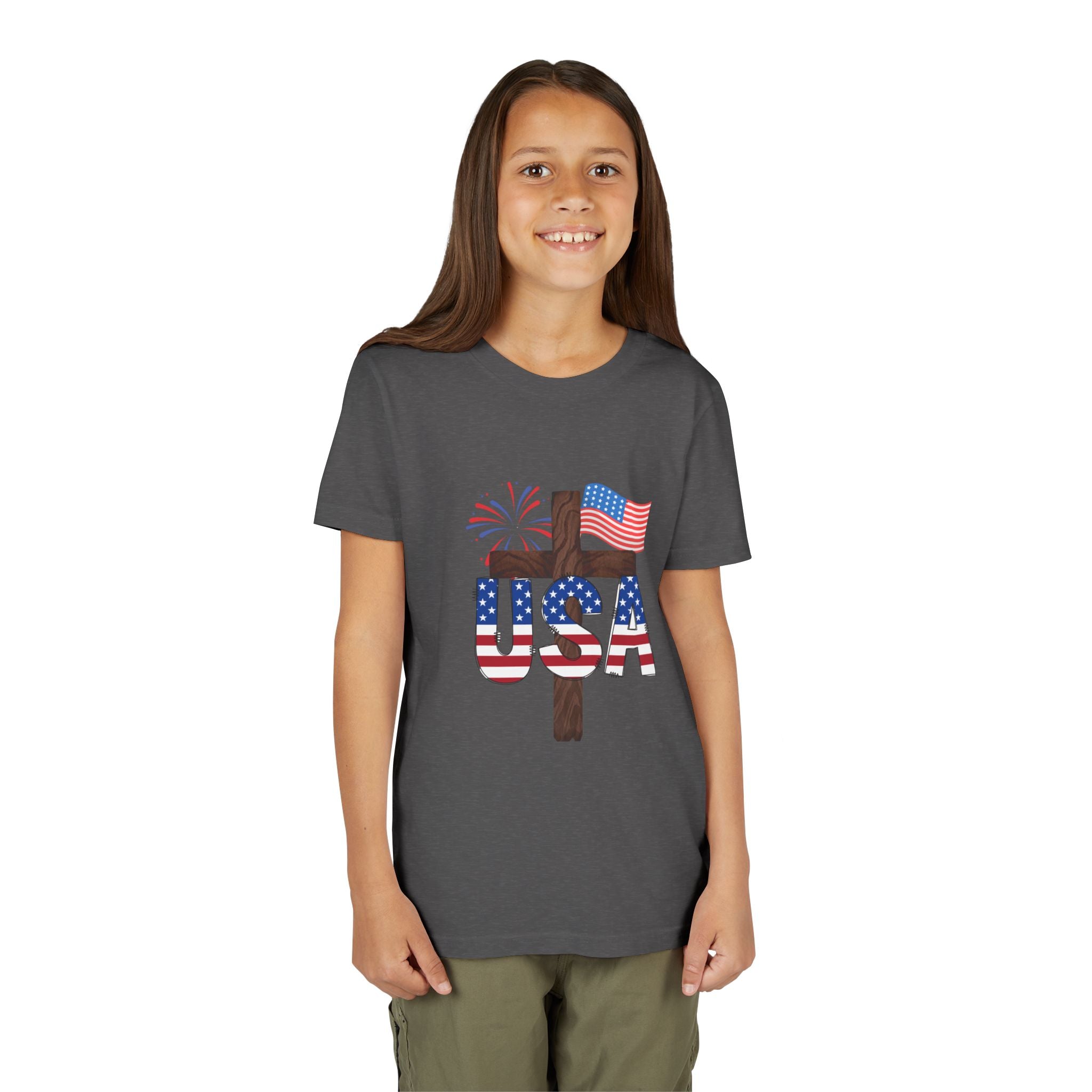 Youth Tee — USA Patriotic Cross Design with Flag & Fireworks