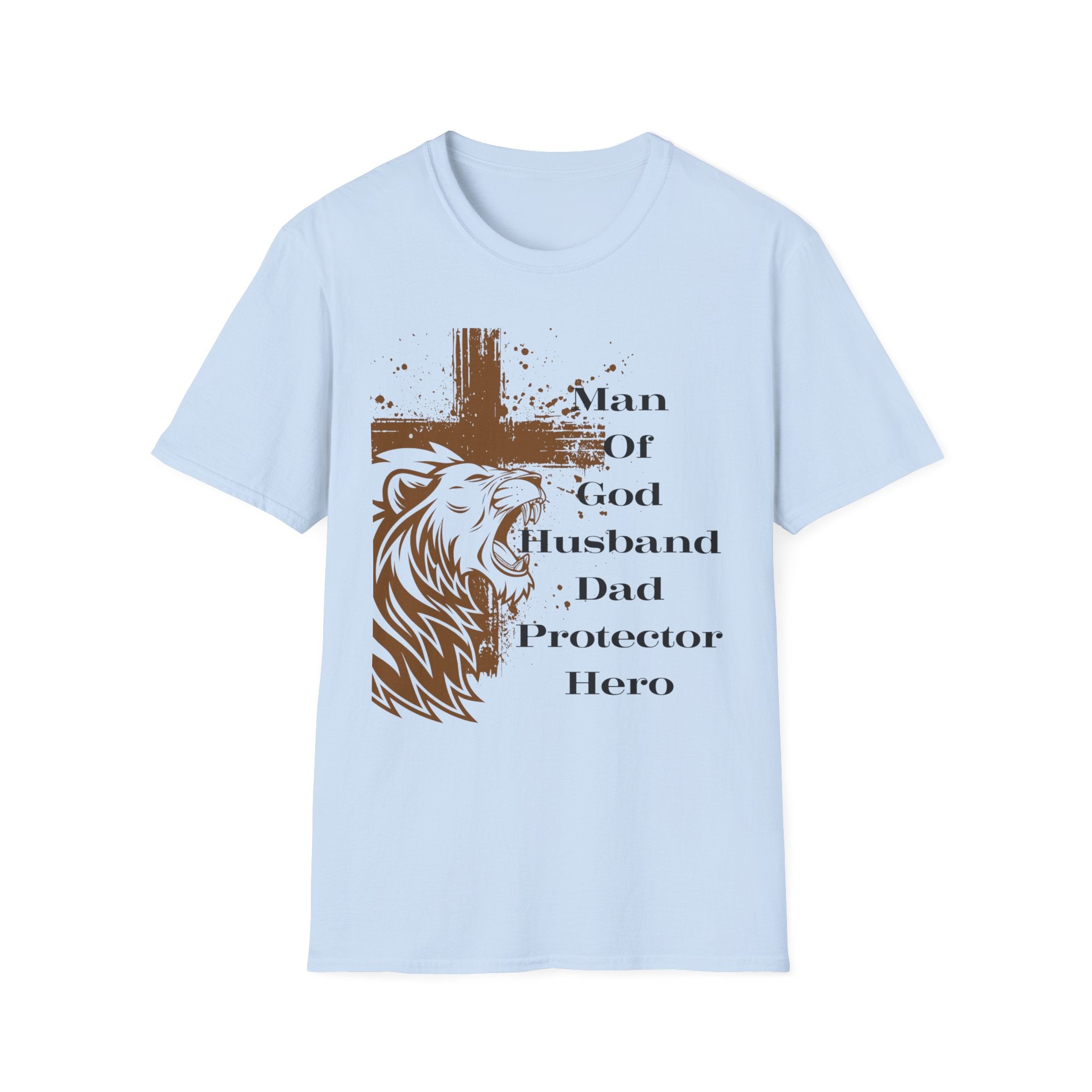 Man of God Lion Cross T-Shirt — 'Man Of God Husband Dad Protector Hero' Christian Tee