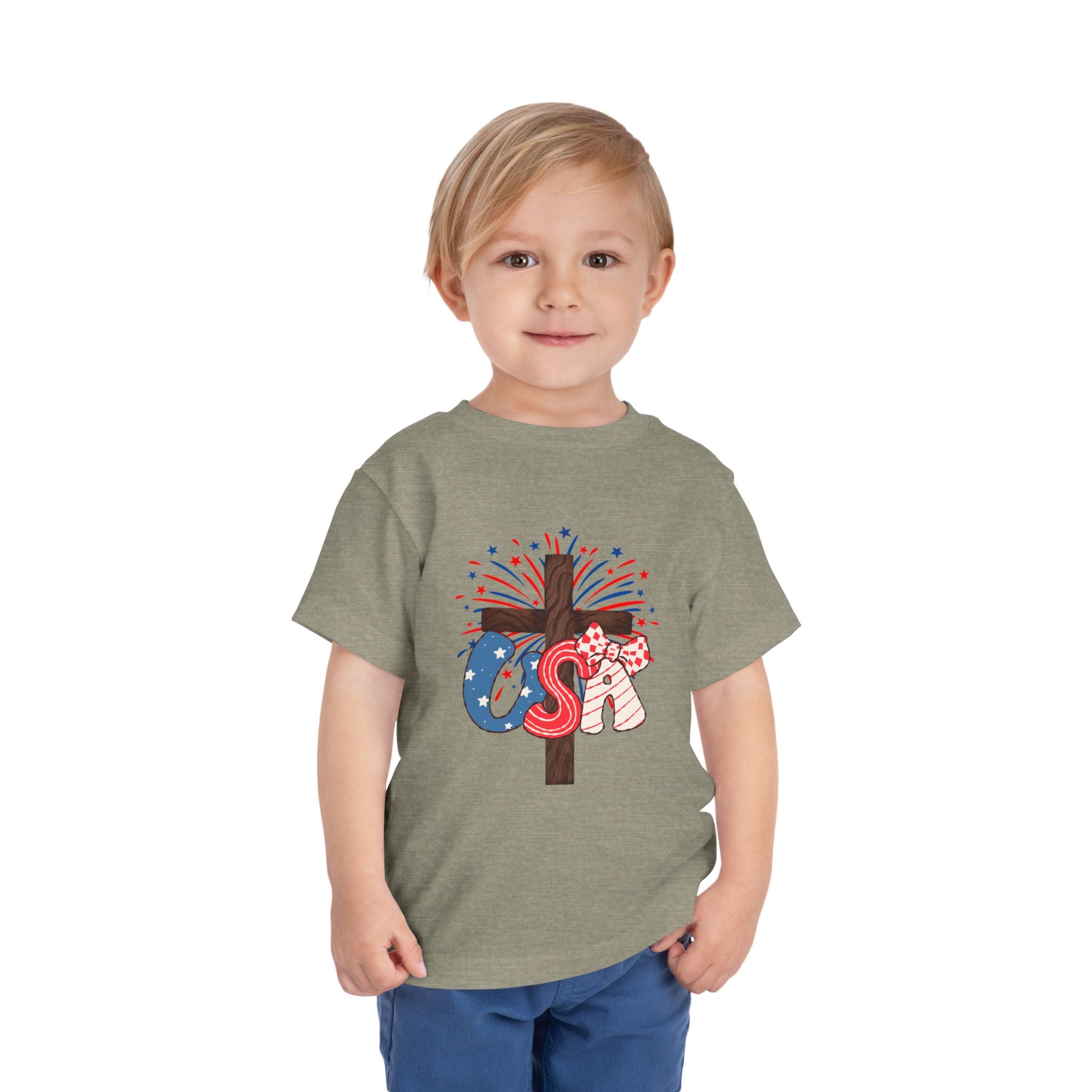 Toddler Tee - Patriotic Jesus Cross Fourth of July Kids Shirt