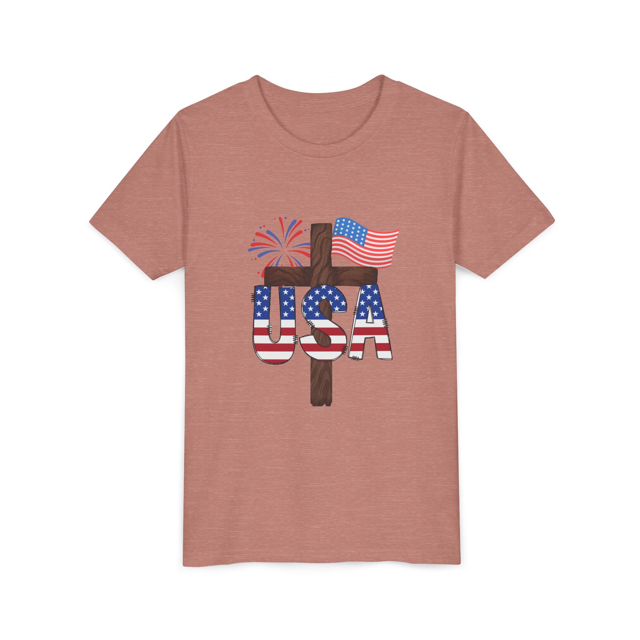 Youth Tee — USA Patriotic Cross Design with Flag & Fireworks