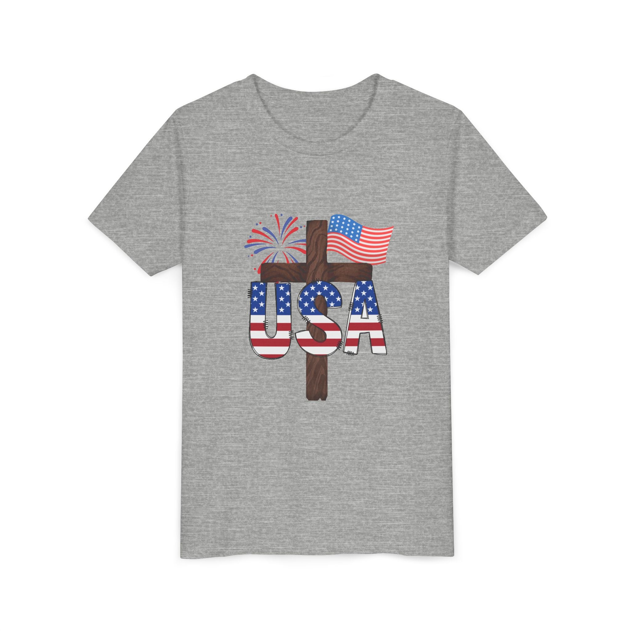 Youth Tee — USA Patriotic Cross Design with Flag & Fireworks