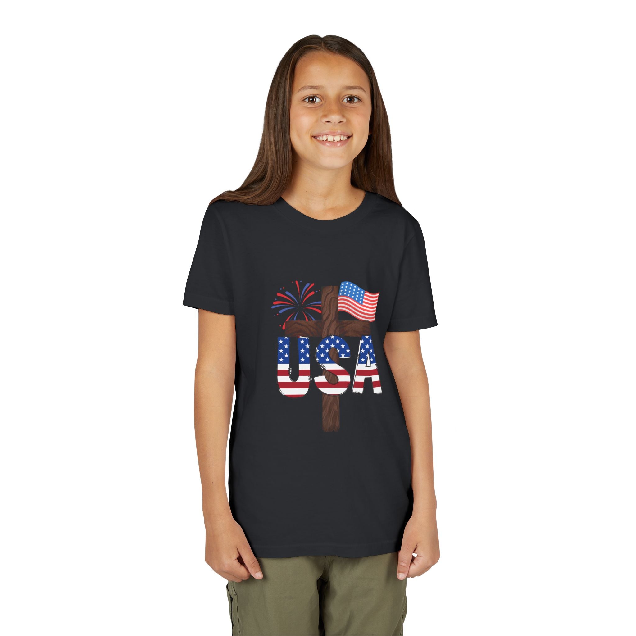 Youth Tee — USA Patriotic Cross Design with Flag & Fireworks
