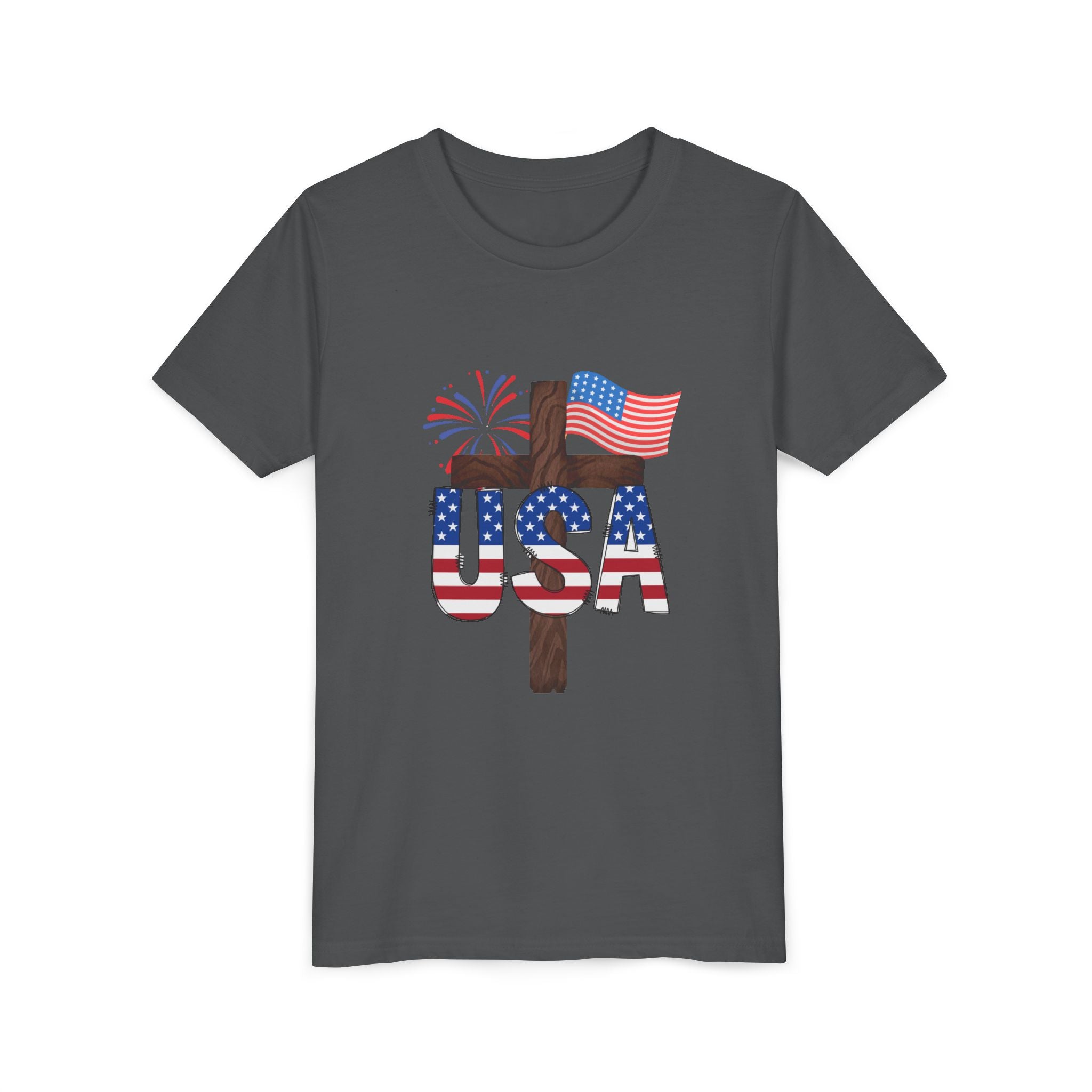Youth Tee — USA Patriotic Cross Design with Flag & Fireworks