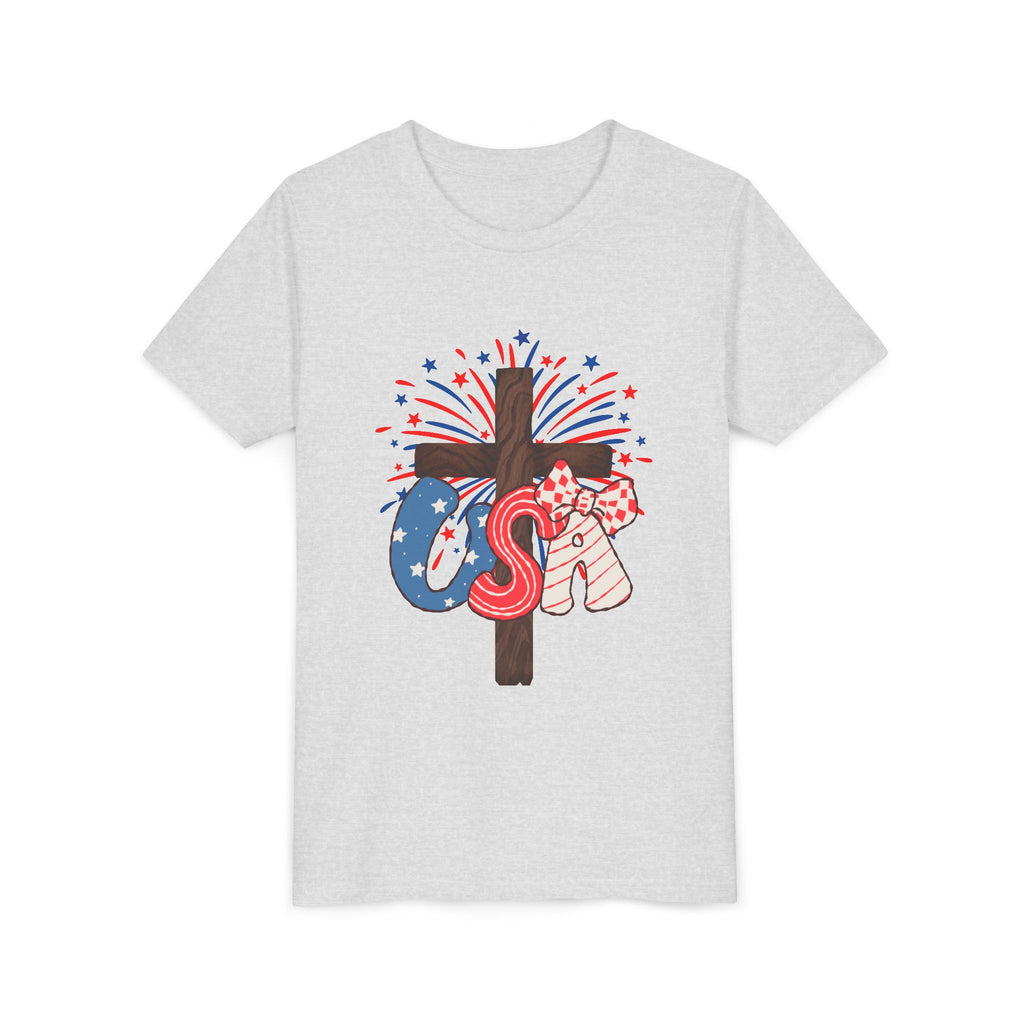 Youth Tee - Patriotic USA Cross with Fireworks and Stars