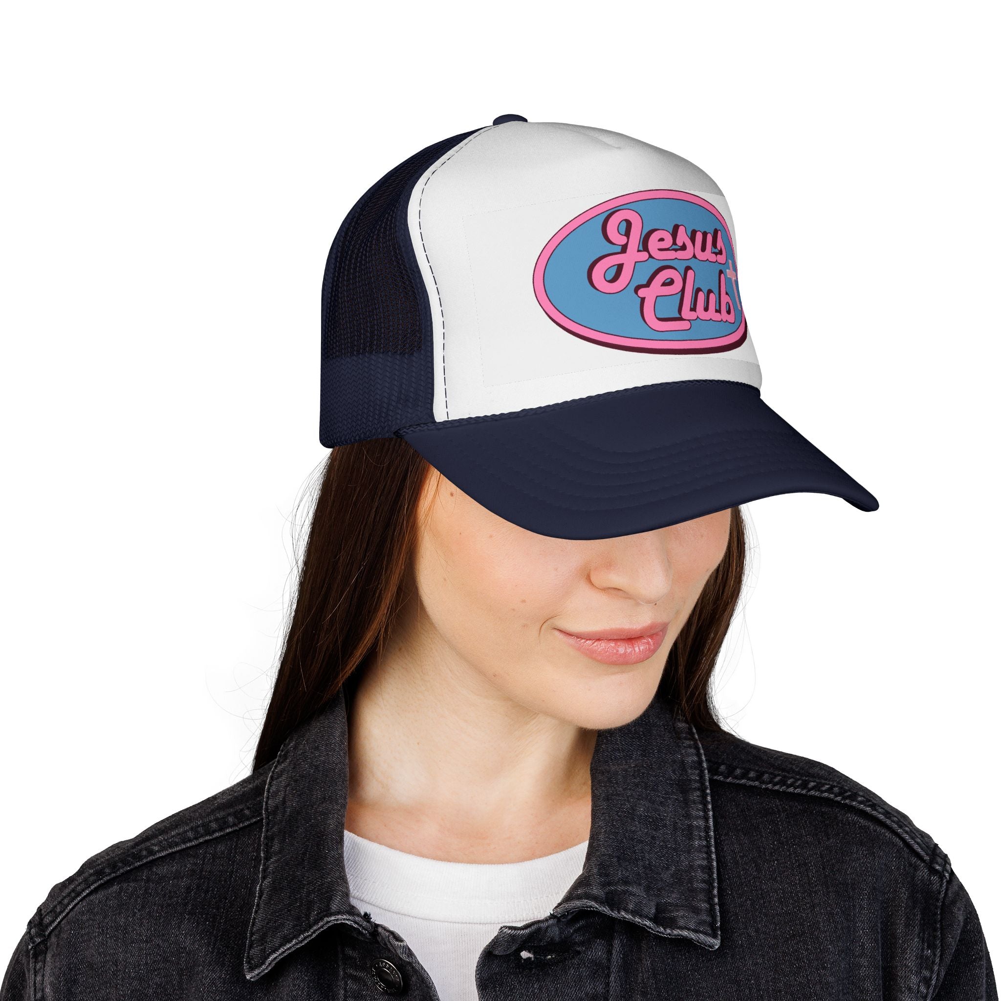 Jesus Club Trucker Cap | Retro Script Cross Patch