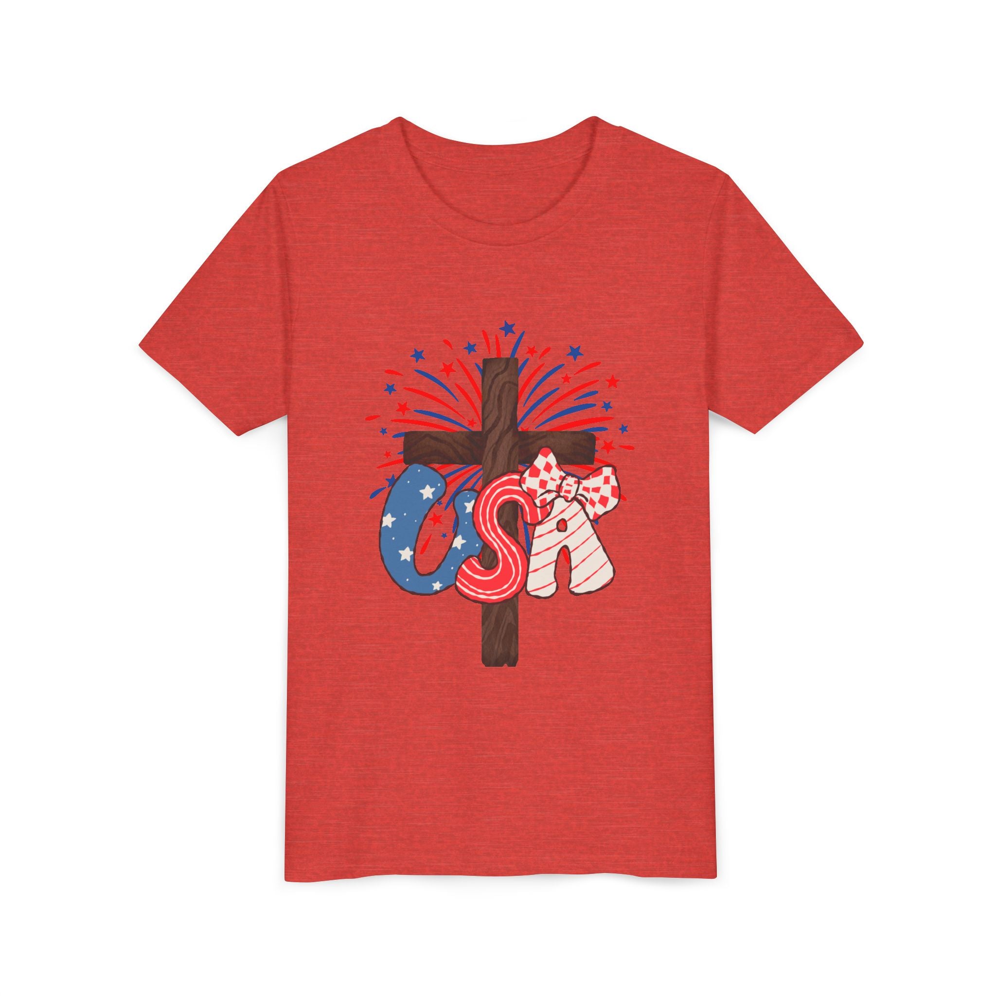 Youth Tee - Patriotic USA Cross with Fireworks and Stars