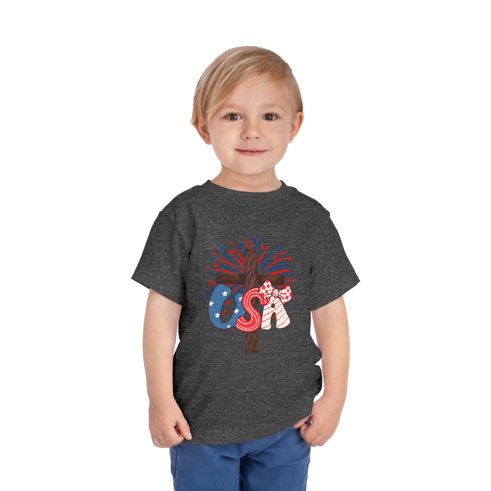 Toddler Tee - Patriotic Jesus Cross Fourth of July Kids Shirt