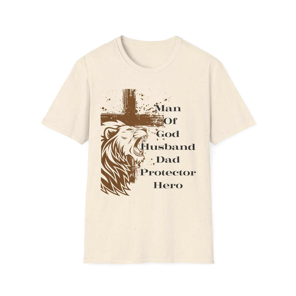 Man of God Lion Cross T-Shirt — 'Man Of God Husband Dad Protector Hero' Christian Tee