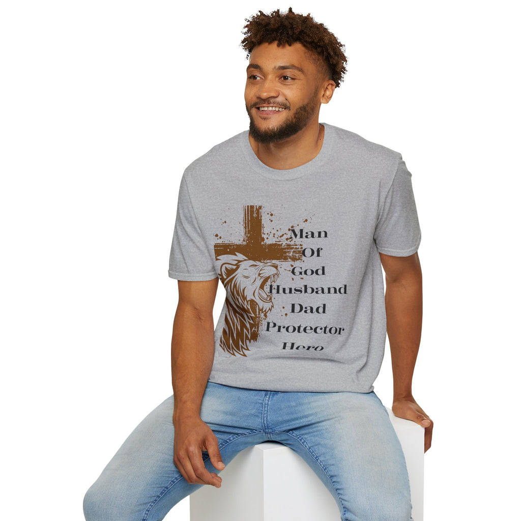 Man of God Lion Cross T-Shirt — 'Man Of God Husband Dad Protector Hero' Christian Tee