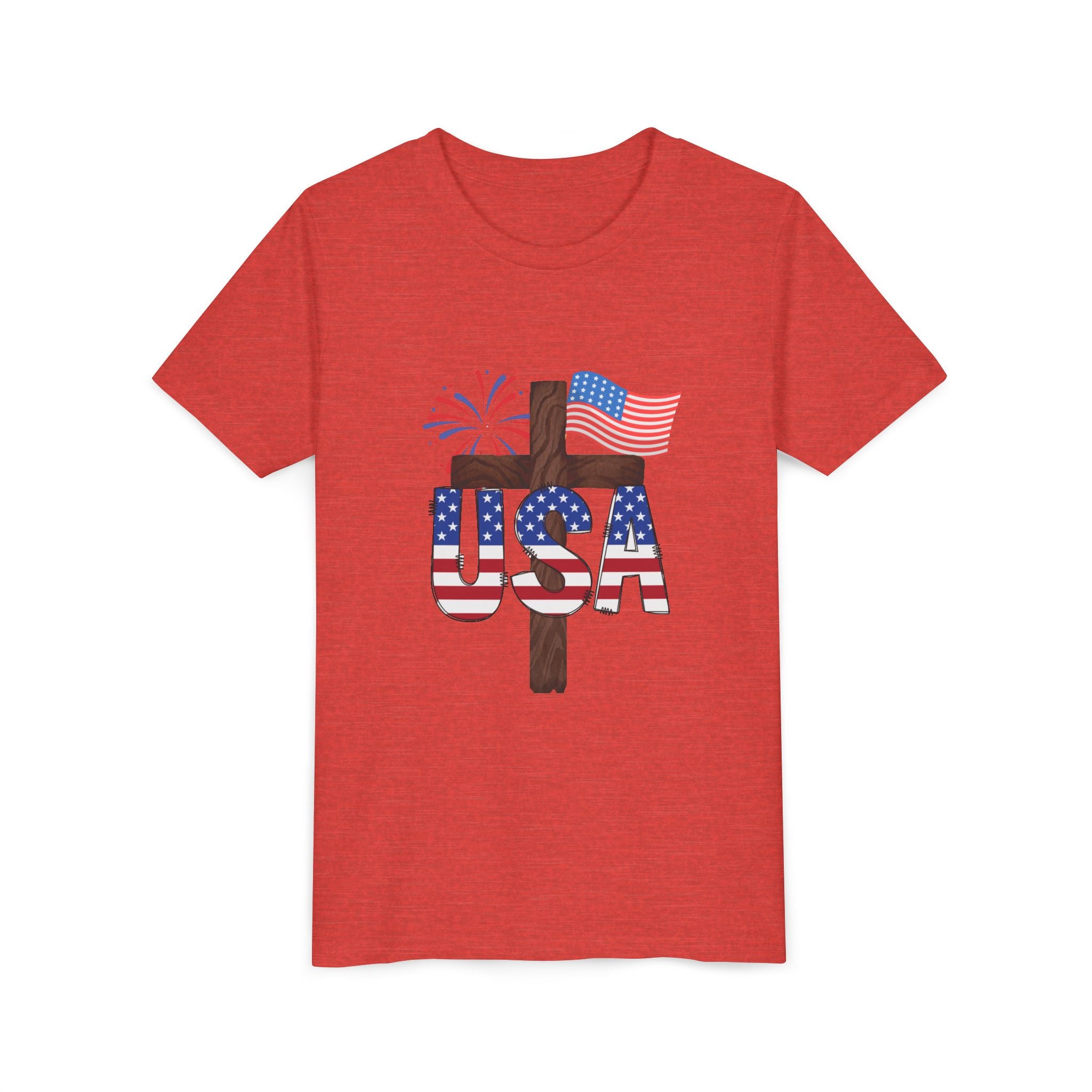 Youth Tee — USA Patriotic Cross Design with Flag & Fireworks