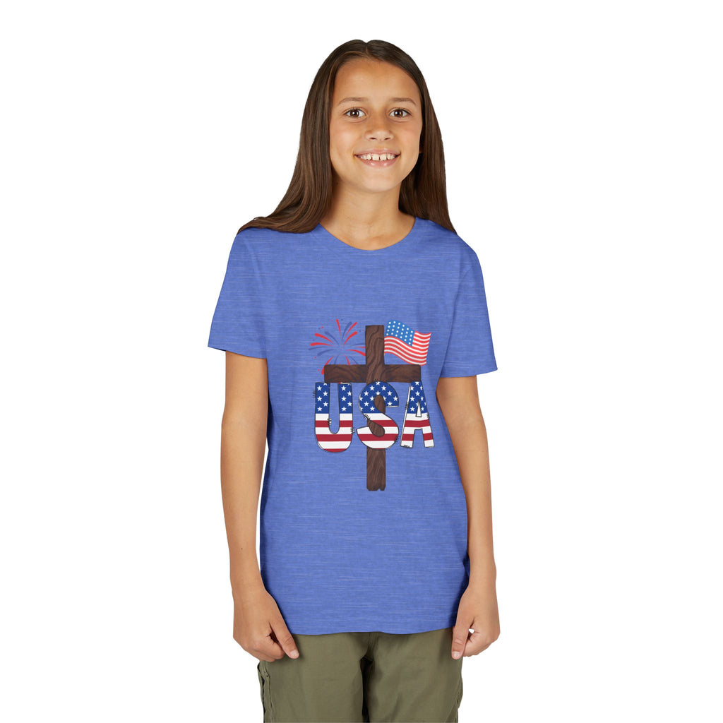Youth Tee — USA Patriotic Cross Design with Flag & Fireworks