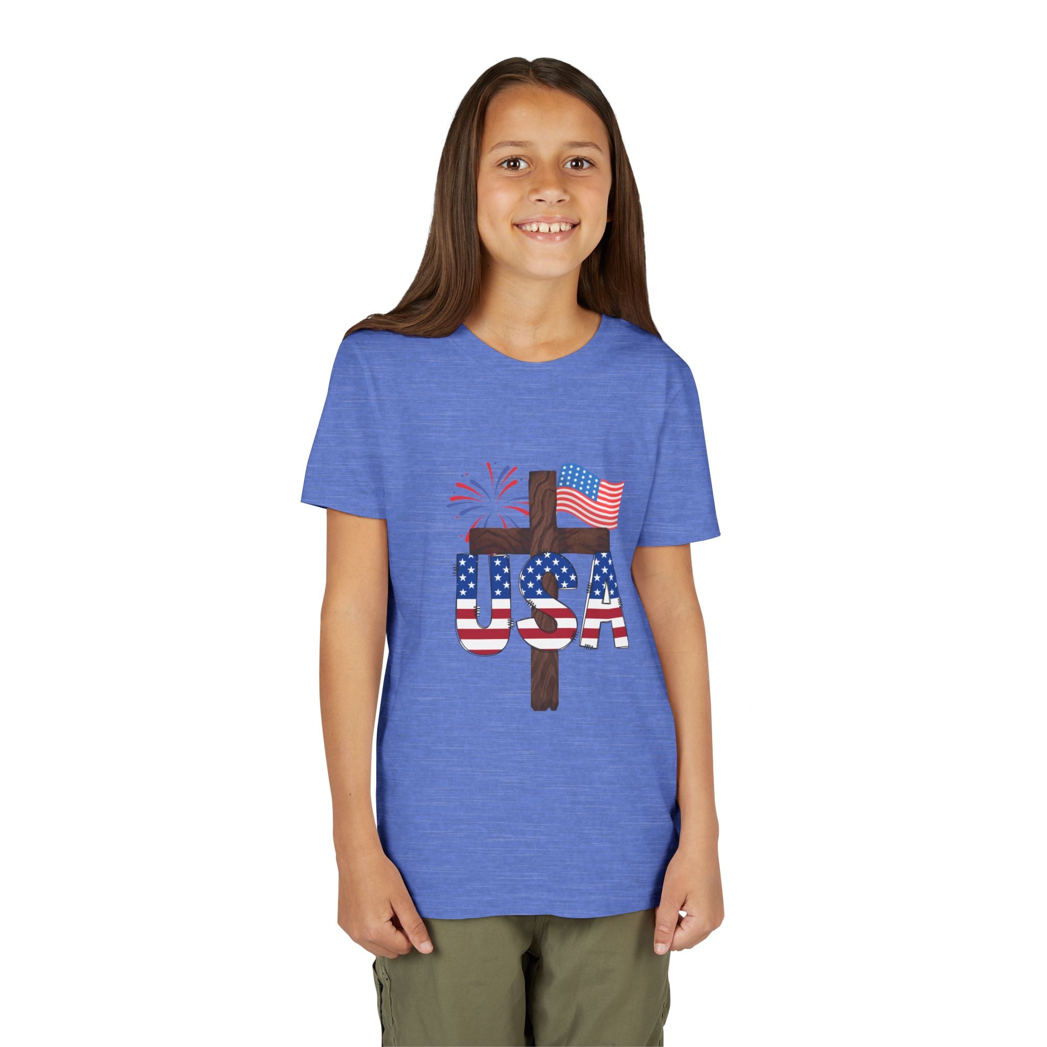 Youth Tee — USA Patriotic Cross Design with Flag & Fireworks