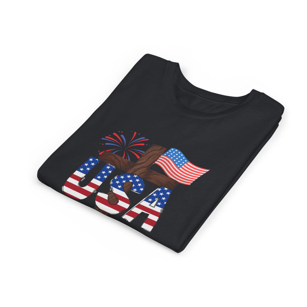 Youth Tee — USA Patriotic Cross Design with Flag & Fireworks