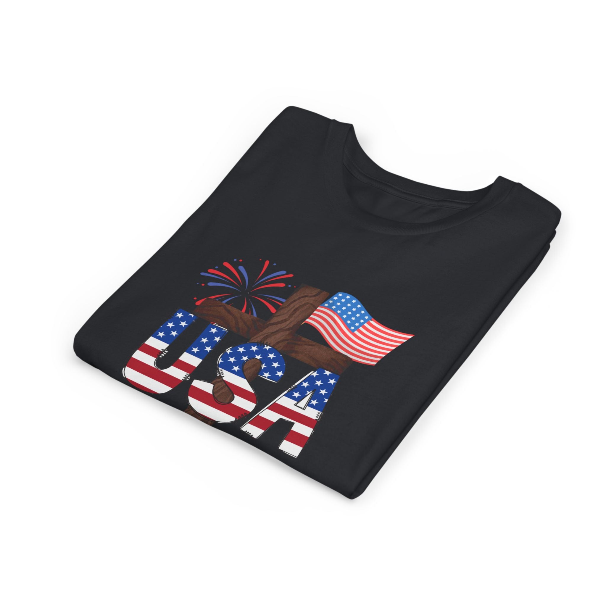 Youth Tee — USA Patriotic Cross Design with Flag & Fireworks