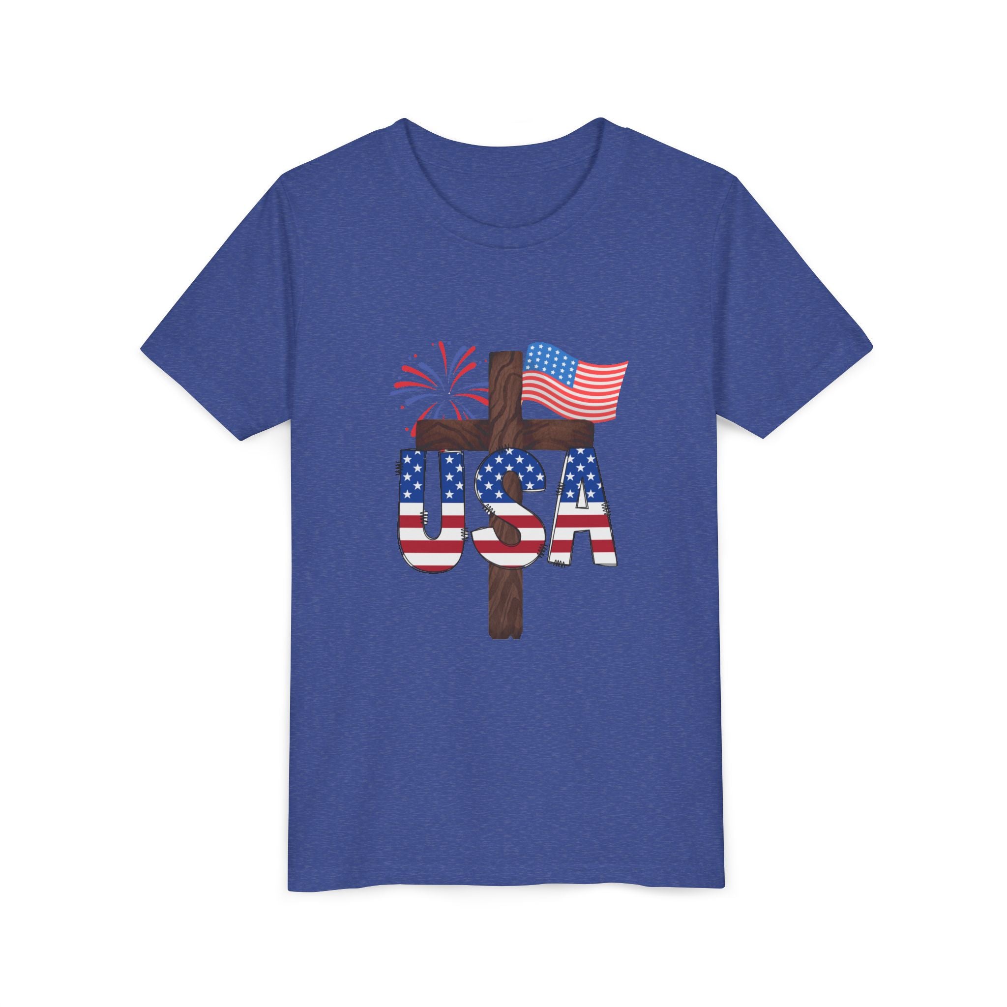 Youth Tee — USA Patriotic Cross Design with Flag & Fireworks