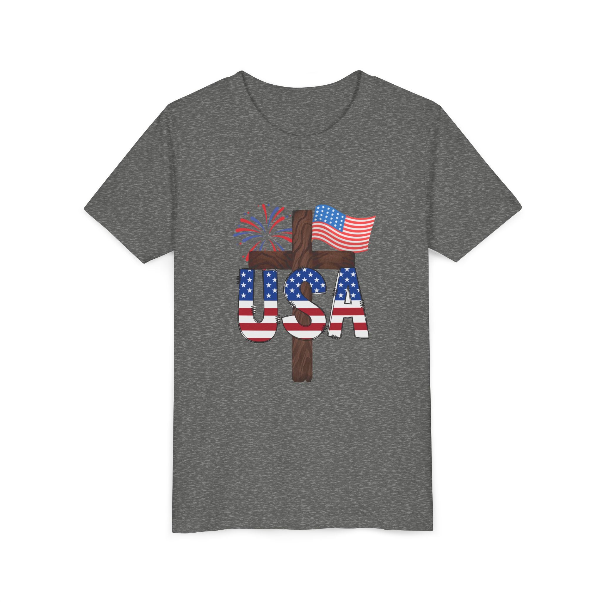 Youth Tee — USA Patriotic Cross Design with Flag & Fireworks