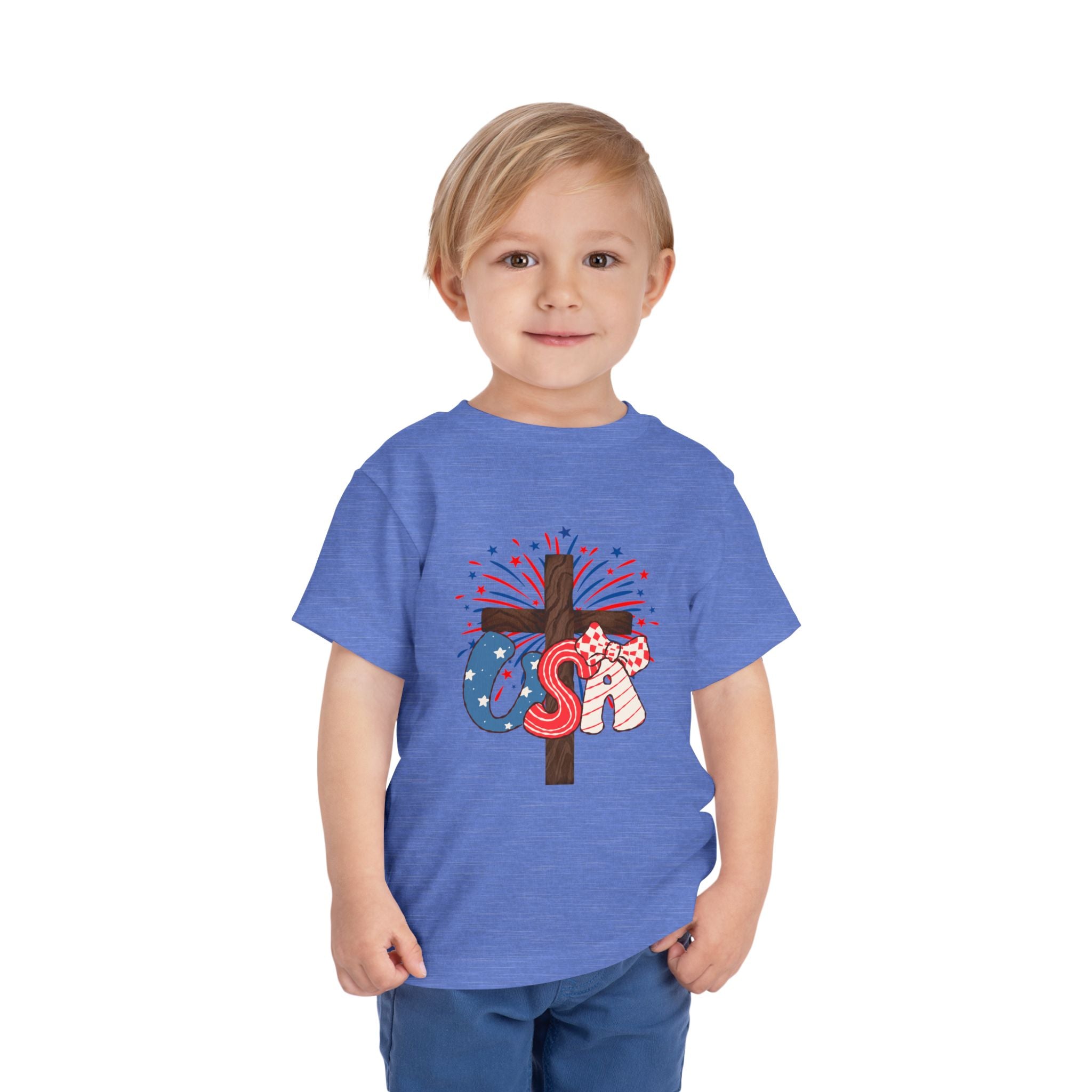 Toddler Tee - Patriotic Jesus Cross Fourth of July Kids Shirt