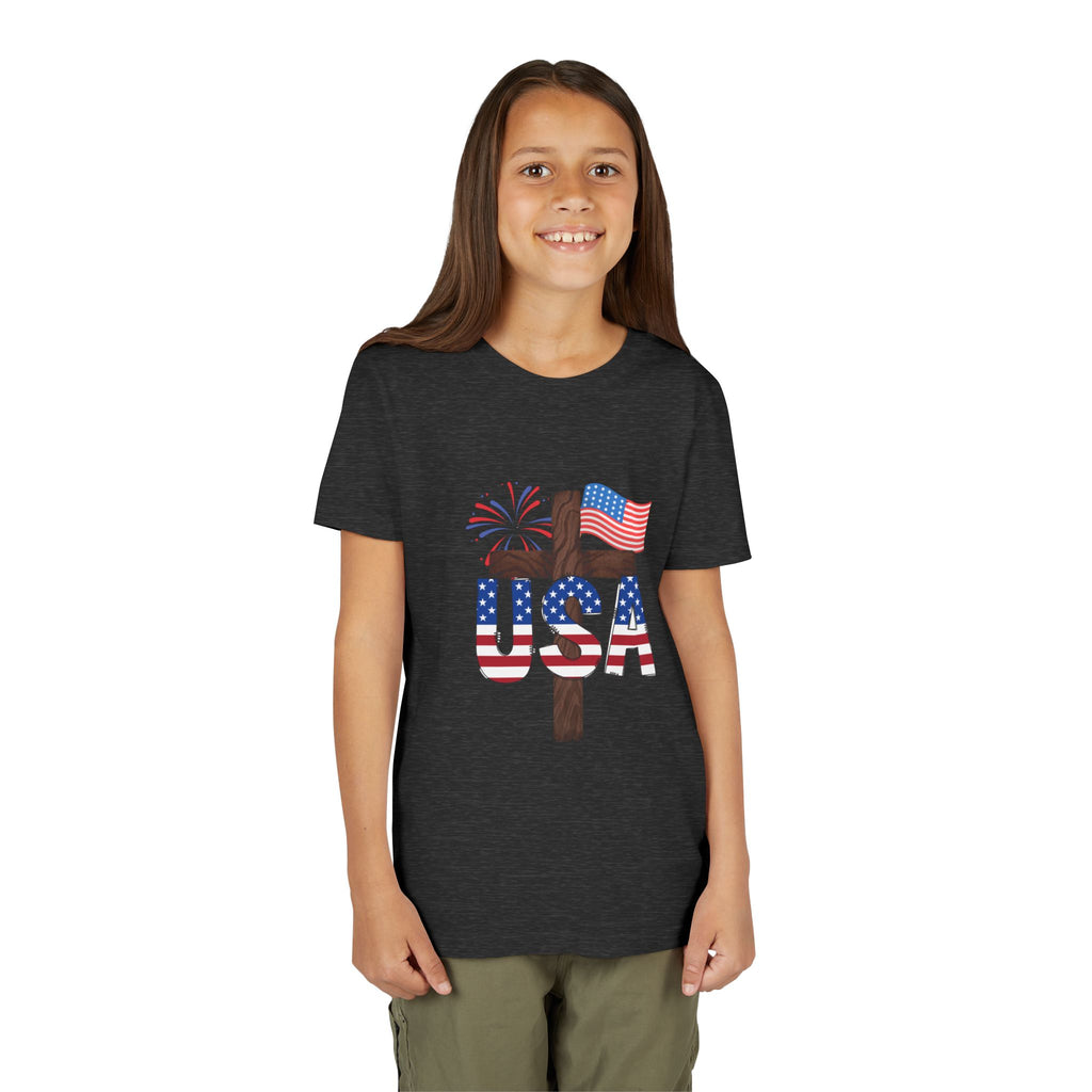 Youth Tee — USA Patriotic Cross Design with Flag & Fireworks