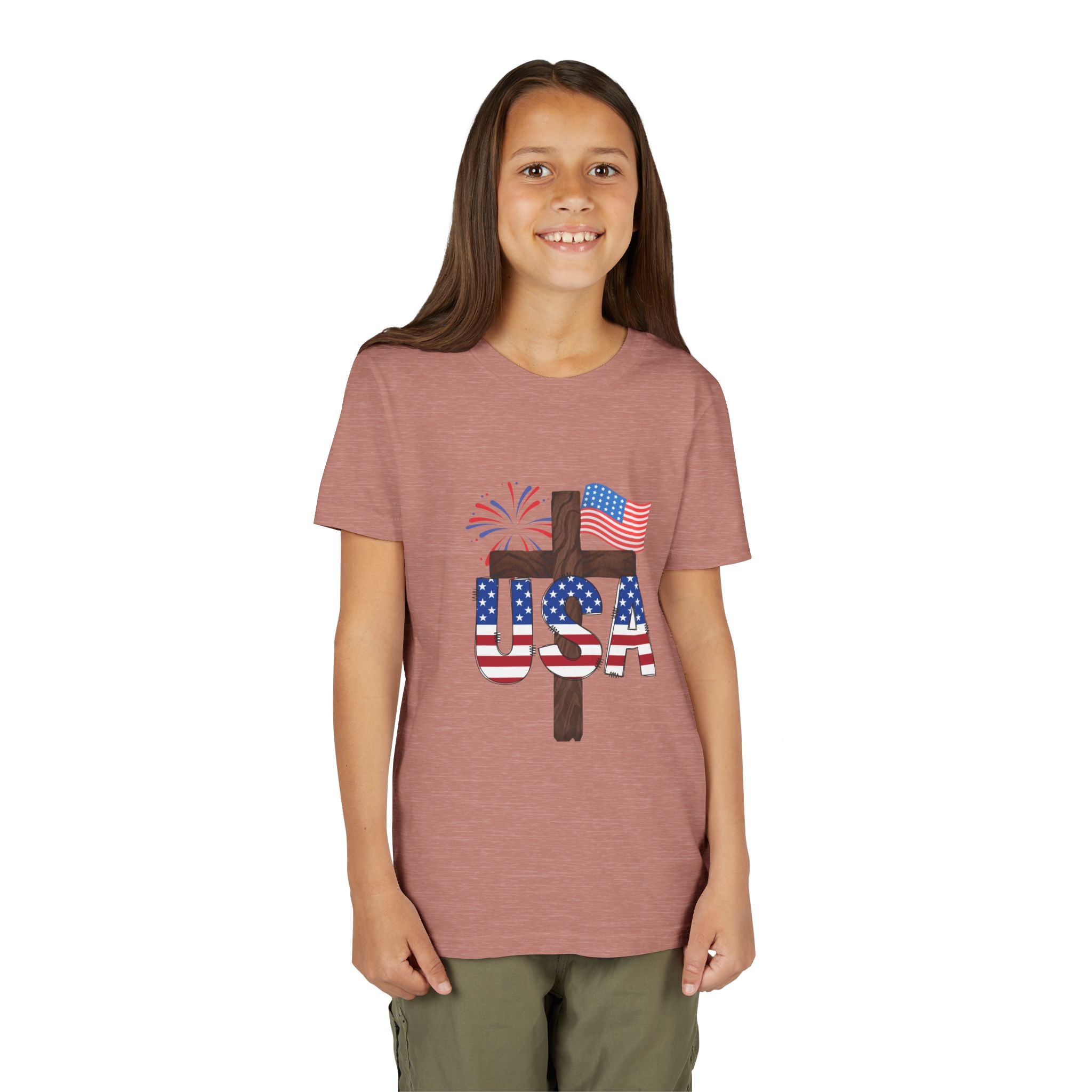 Youth Tee — USA Patriotic Cross Design with Flag & Fireworks
