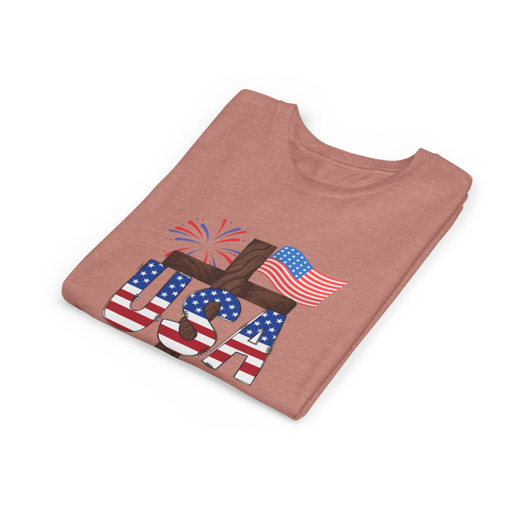 Youth Tee — USA Patriotic Cross Design with Flag & Fireworks