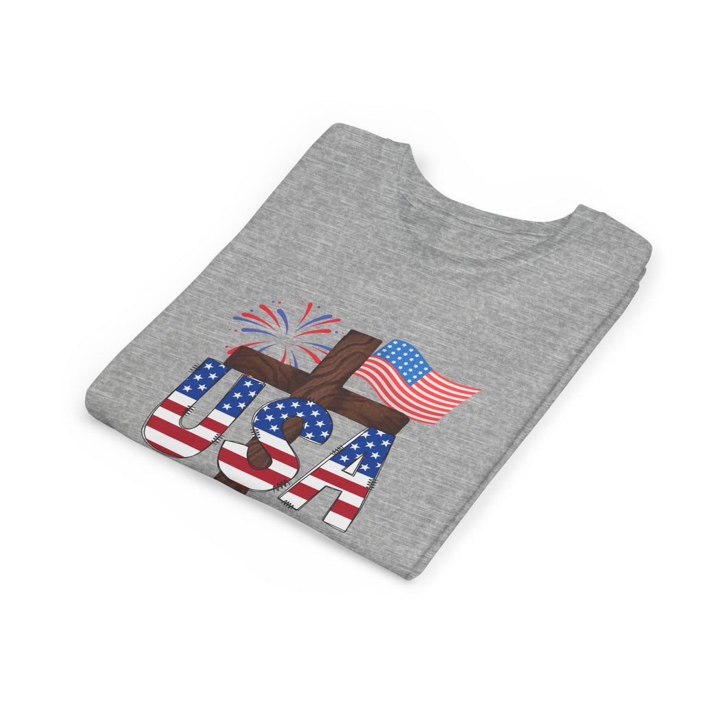 Youth Tee — USA Patriotic Cross Design with Flag & Fireworks
