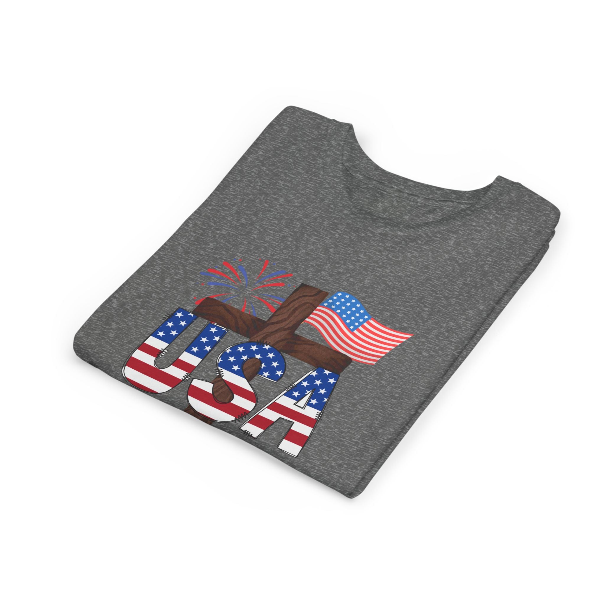 Youth Tee — USA Patriotic Cross Design with Flag & Fireworks