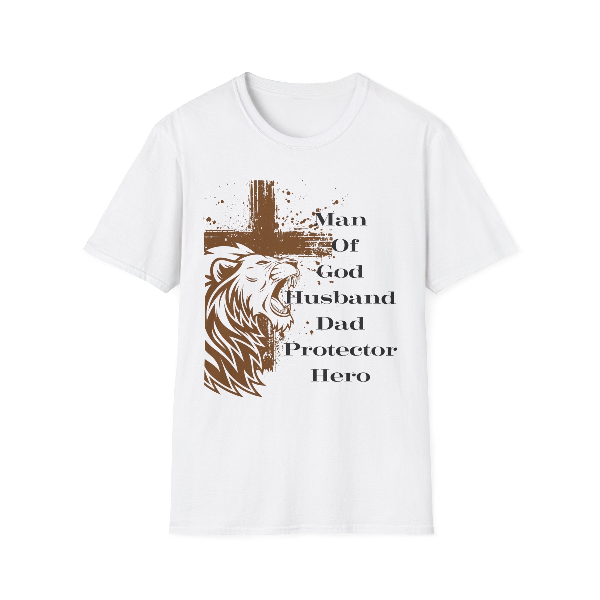 Man of God Lion Cross T-Shirt — 'Man Of God Husband Dad Protector Hero' Christian Tee