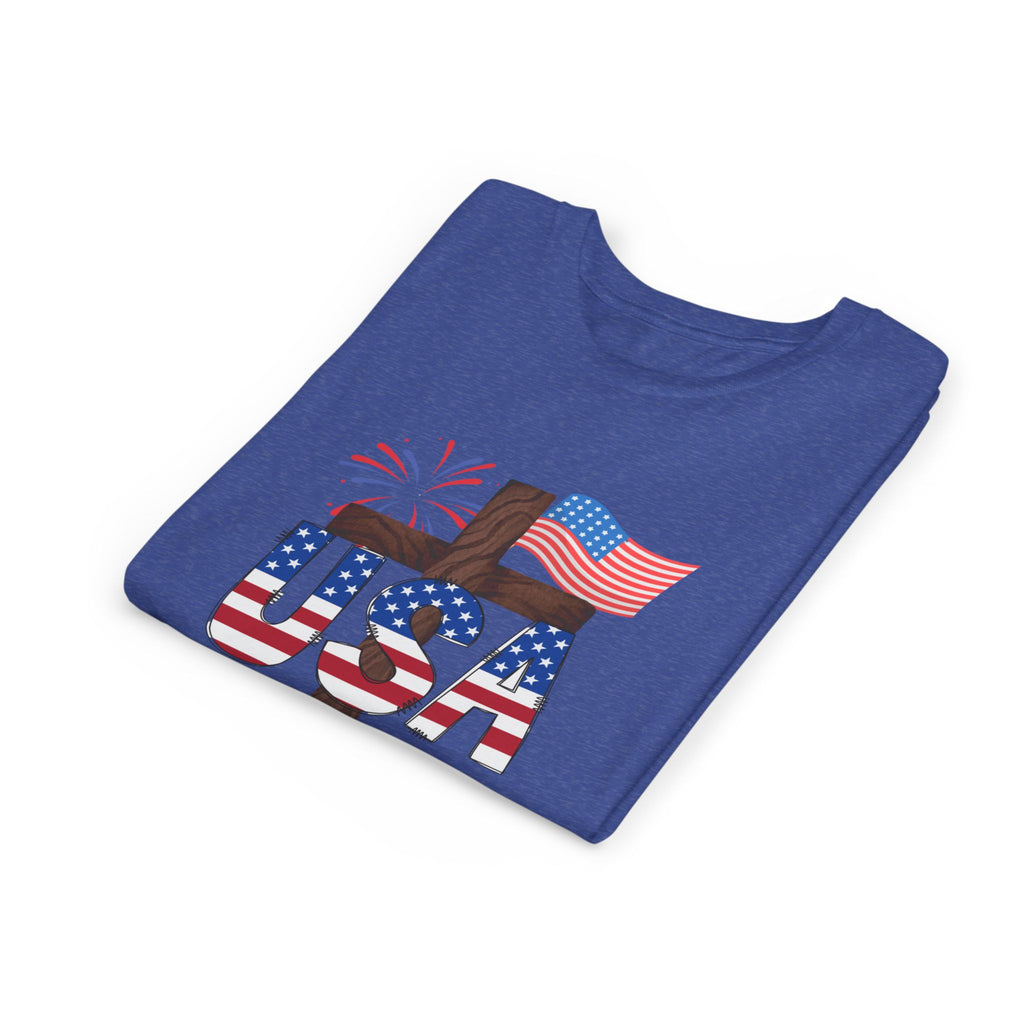 Youth Tee — USA Patriotic Cross Design with Flag & Fireworks