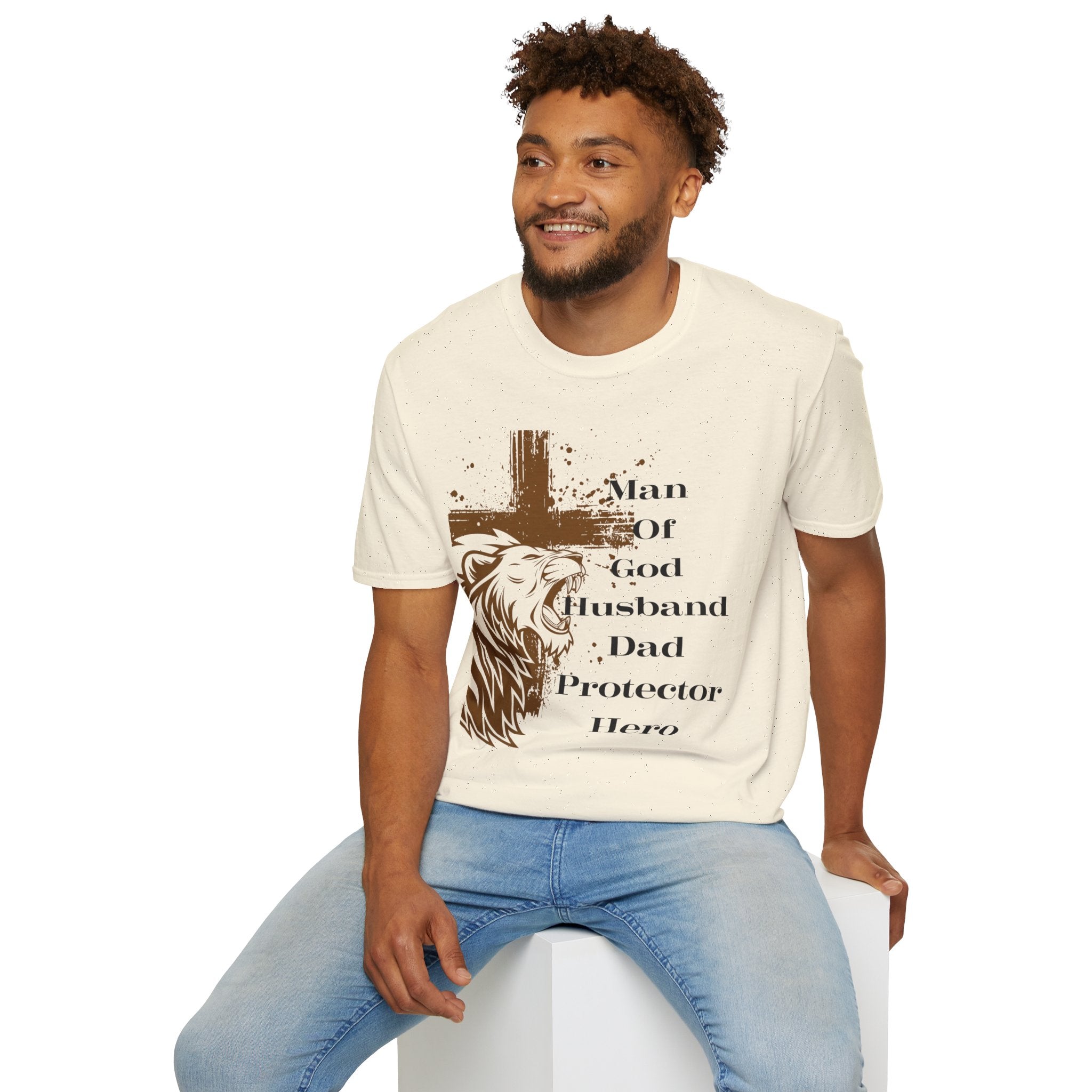 Man of God Lion Cross T-Shirt — 'Man Of God Husband Dad Protector Hero' Christian Tee