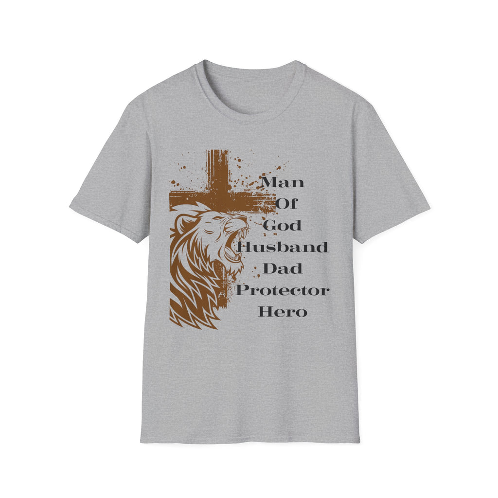 Man of God Lion Cross T-Shirt — 'Man Of God Husband Dad Protector Hero' Christian Tee