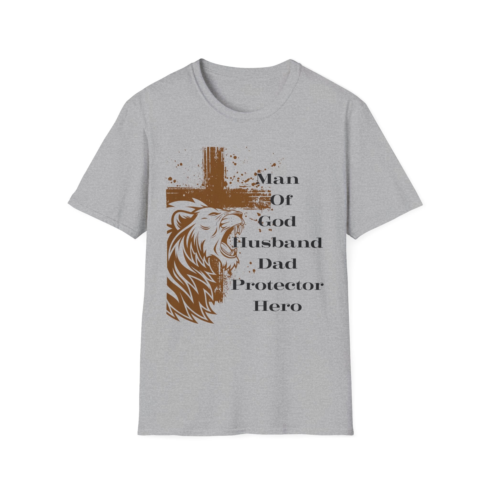 Man of God Lion Cross T-Shirt — 'Man Of God Husband Dad Protector Hero' Christian Tee