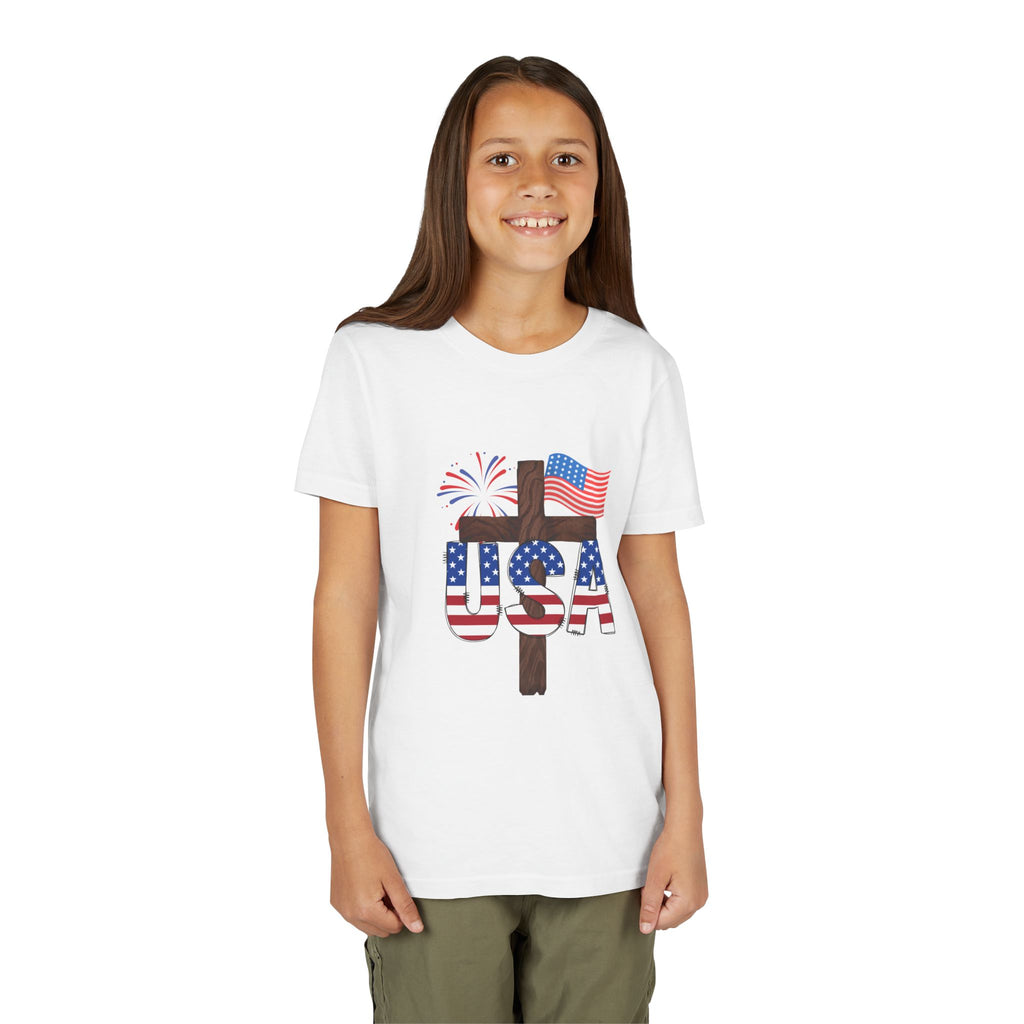 Youth Tee — USA Patriotic Cross Design with Flag & Fireworks