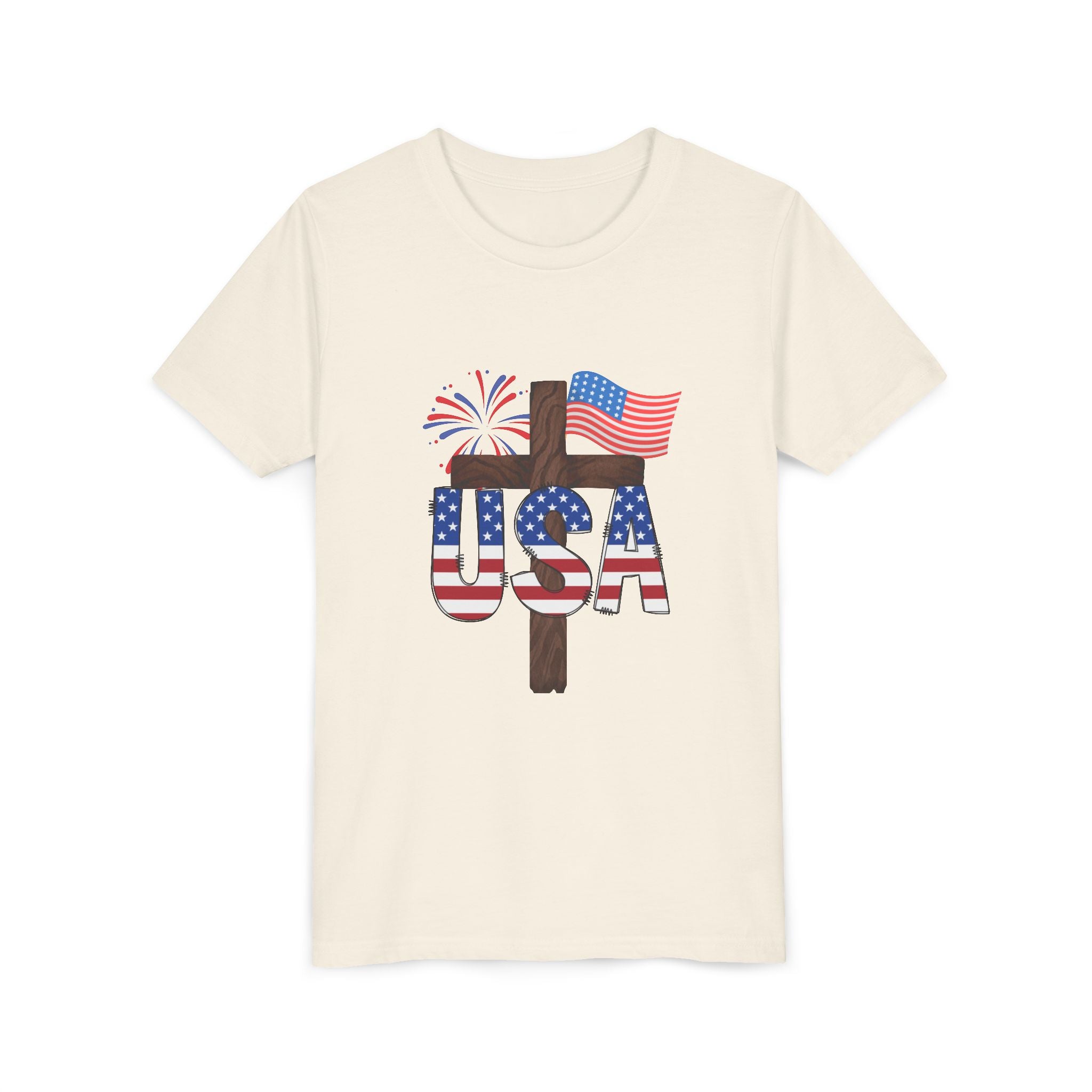 Youth Tee — USA Patriotic Cross Design with Flag & Fireworks